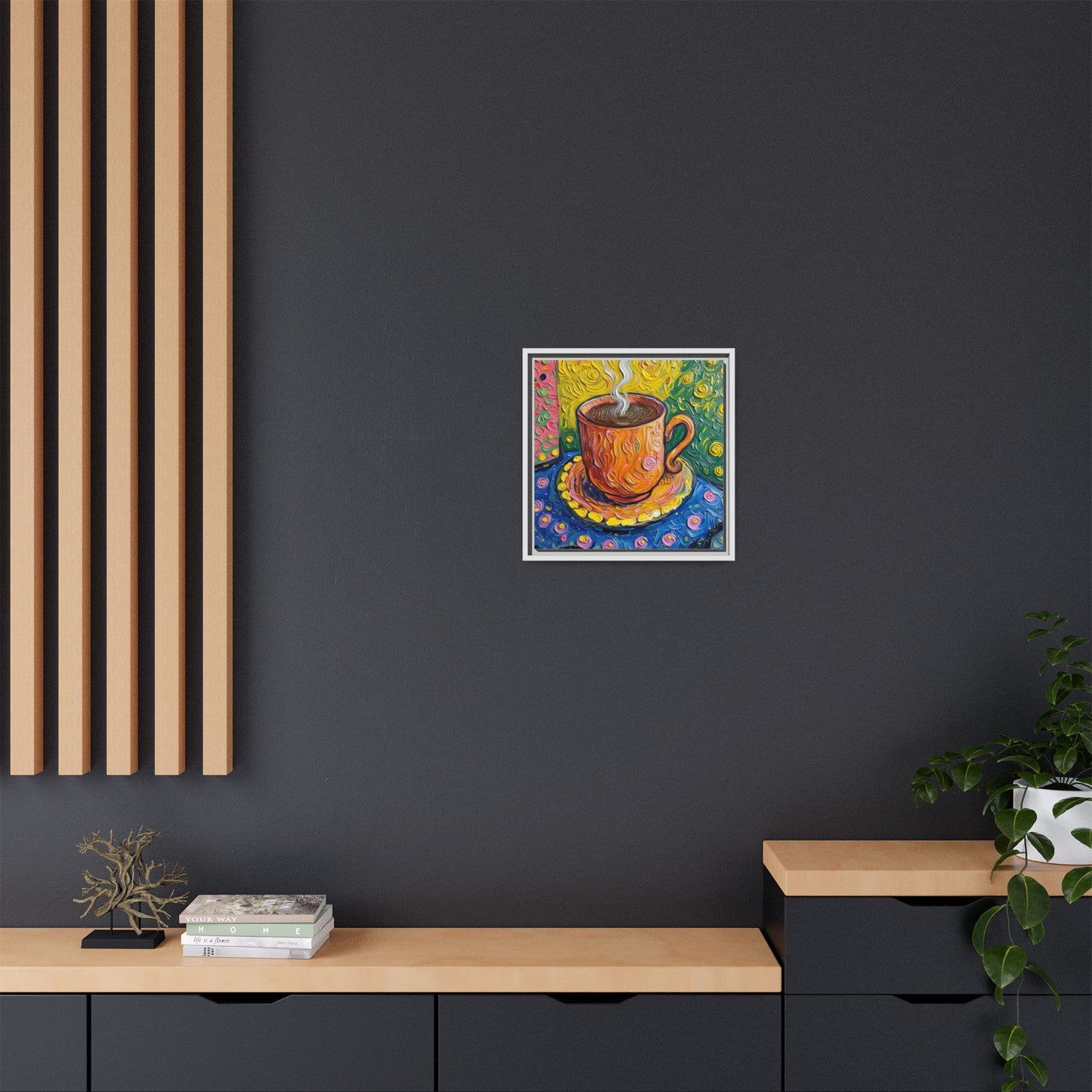 Framed Matte Canvas Art - Colorful Whimsical Coffee Cup Painting