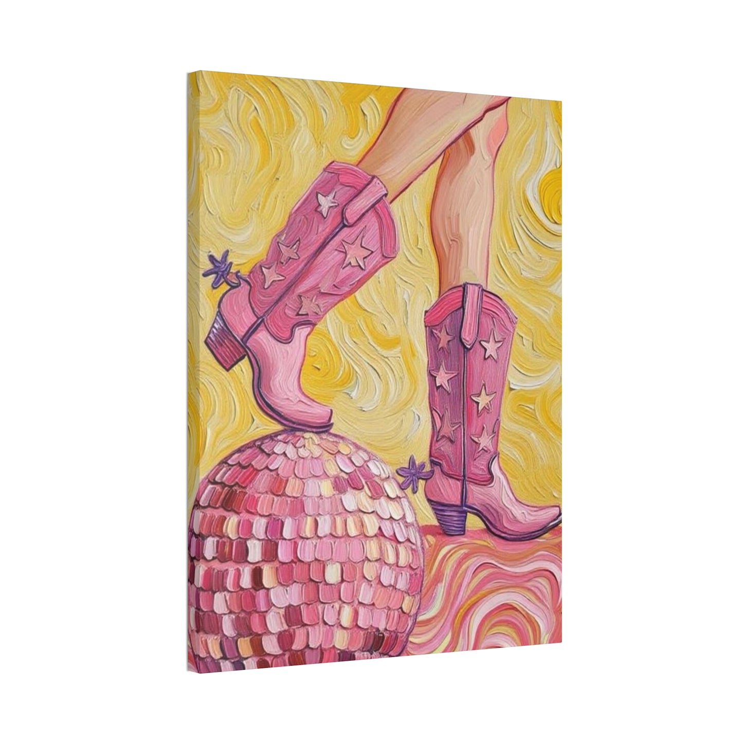 Canvas Wall Art - Pink Cowboy Boots - Disco Ball - Artistic Painterly Style - Impasto Design Print - 'Disco Cowgirl'