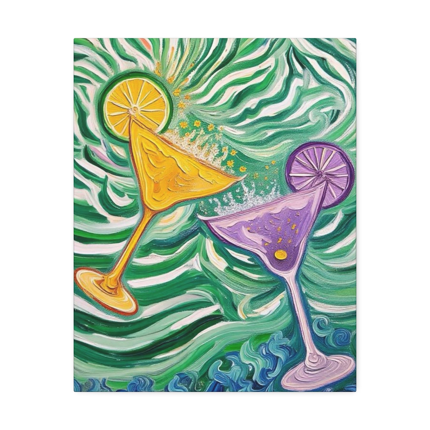 Canvas Wall Art - Yellow and Purple floating Cocktails - Artistic Painterly Style - Impasto Design Print - 'Green Rush'