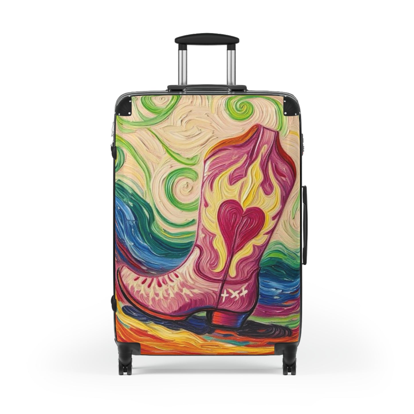 Luggage - Suitcases - Carry-on - Pink Heart Cowgirl Boot Painterly Style Artistic Rolling Suitcase - 'Kick'n up Dust'