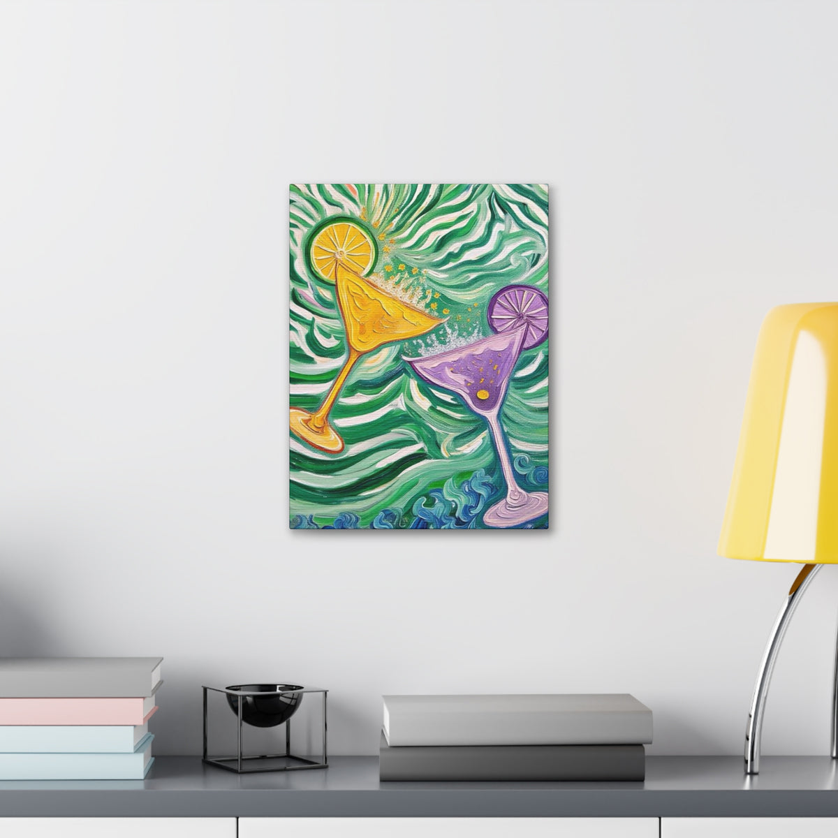 Canvas Wall Art - Yellow and Purple floating Cocktails - Artistic Painterly Style - Impasto Design Print - 'Green Rush'