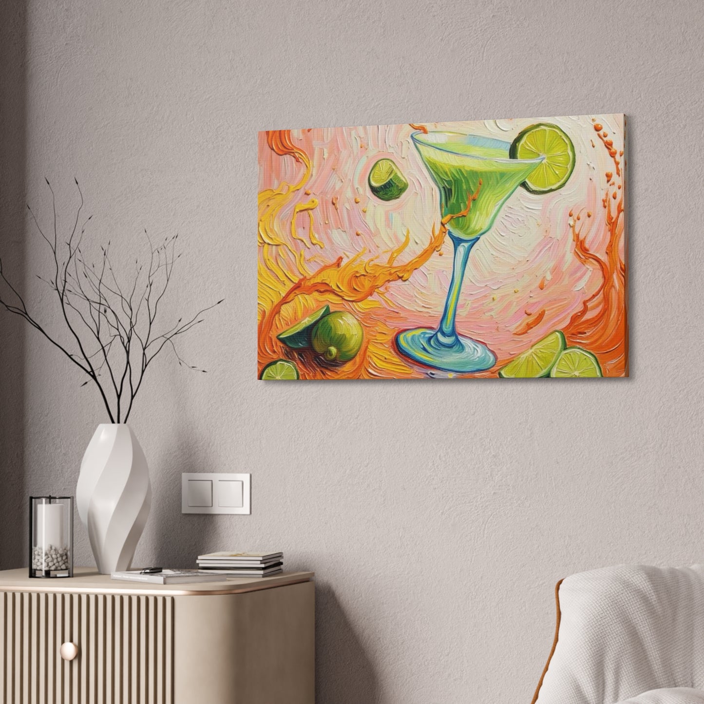 Canvas Wall Art - Green Refreshing Citrus Drink -Splashes of Orange - Artistic Painterly Style - Impasto Design Print - 'Citrus Splash'