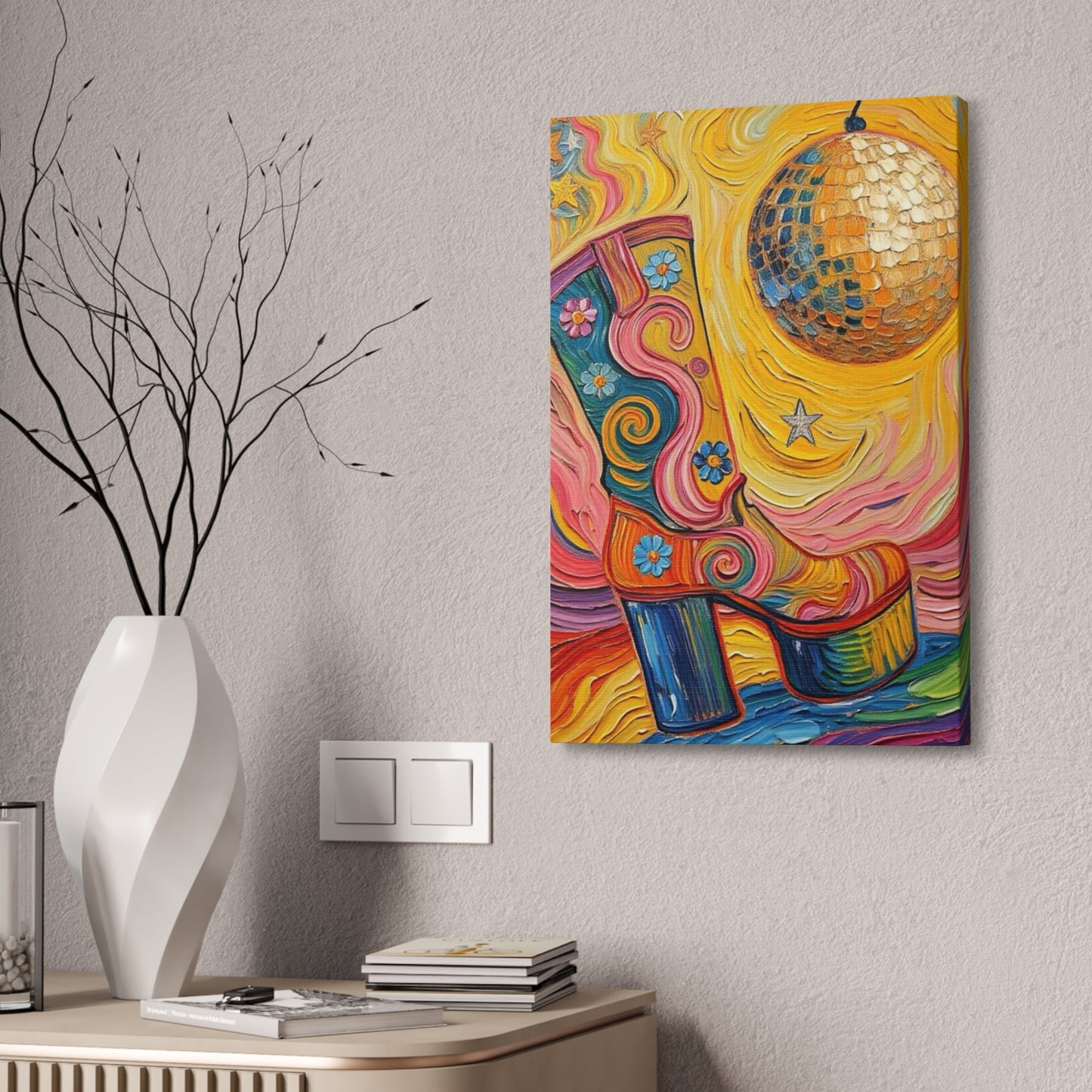 Canvas Wall Art - Colorful Retro Disco High Heel Platform Boot - Painterly Style Design - ' Boogie Nights'