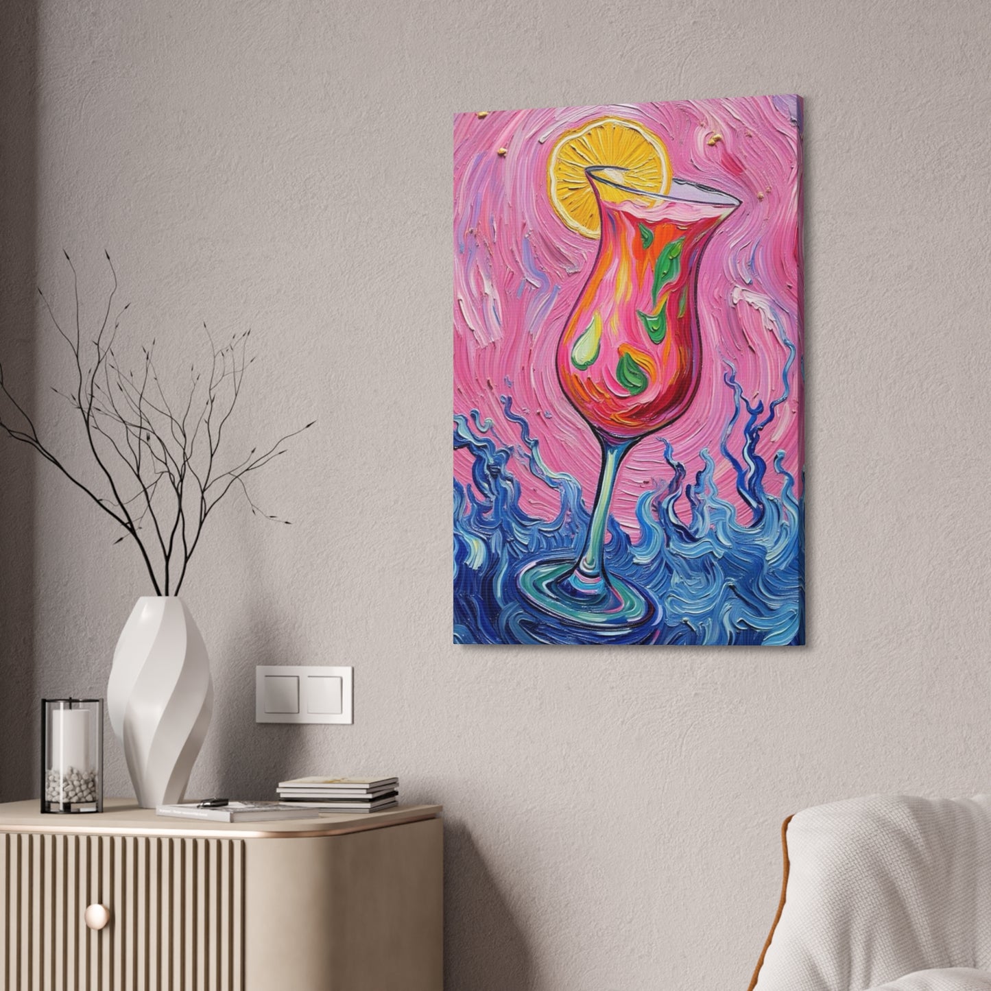 Canvas Wall Art - Vibrant Floating Pink Drink - Tropical Artistic Painterly Design - 'Ocean Splash'