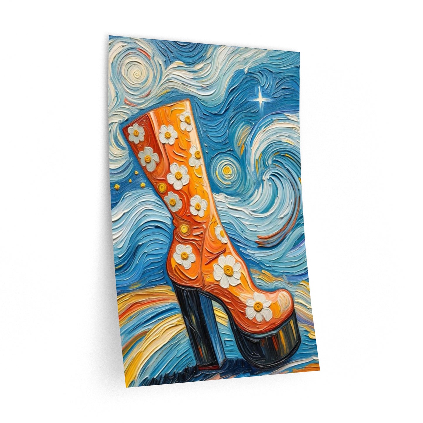 Wall Decal Art - Vibrant Orange Daisy Platform Boot - Artistic Retro Vivid Removable Wall Art - 'Dancing Princess'