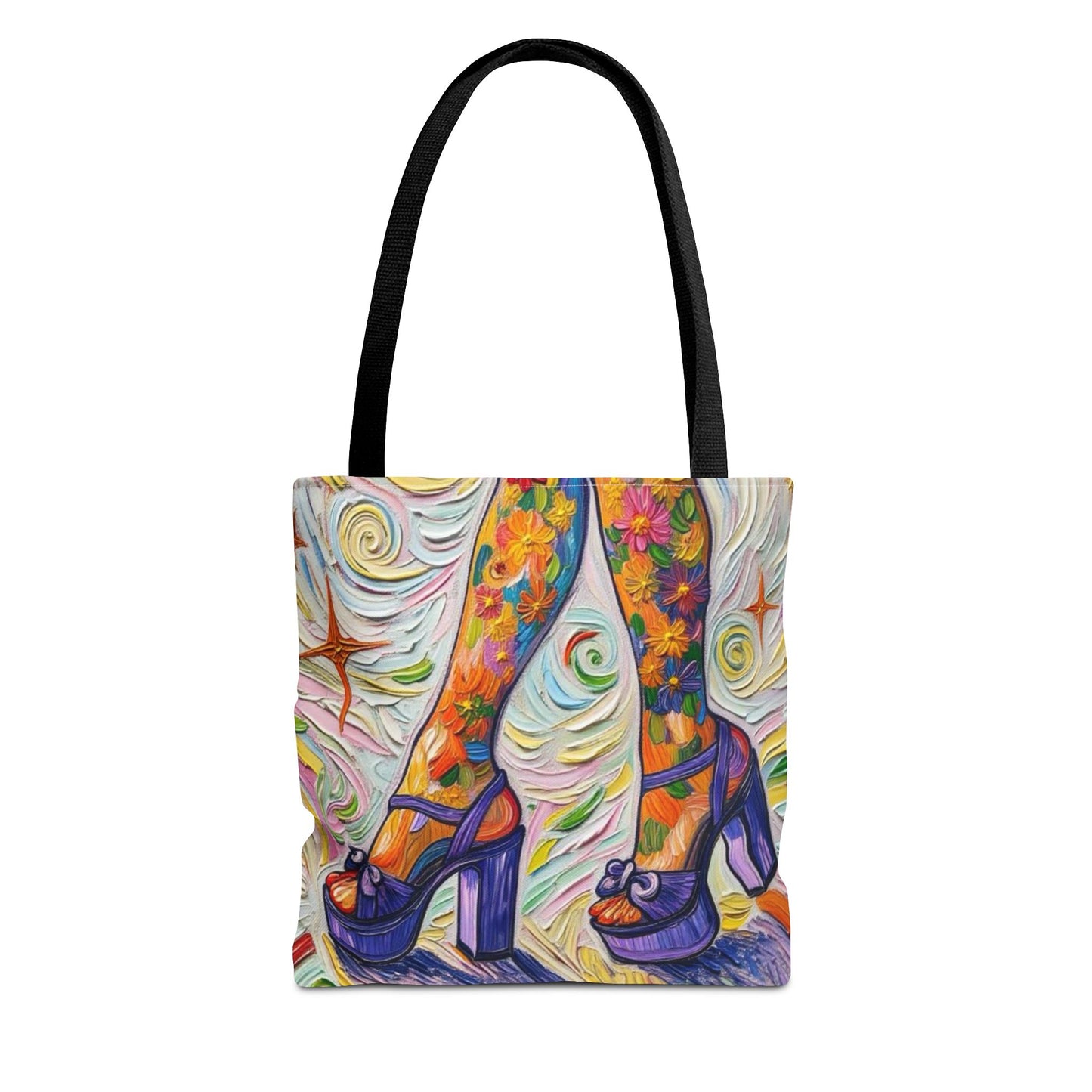 Tote Bag - All-Over Print - Flowered Legs with Purple Platform Shoes - Colorful Artistic Painterly Style - 'Saturday Sparkle'