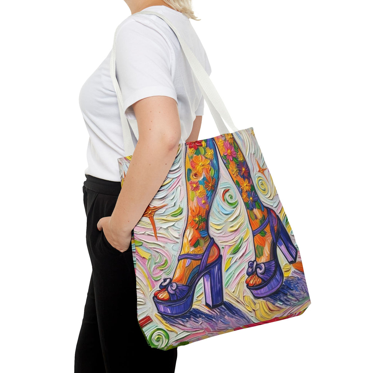 Tote Bag - All-Over Print - Flowered Legs with Purple Platform Shoes - Colorful Artistic Painterly Style - 'Saturday Sparkle'