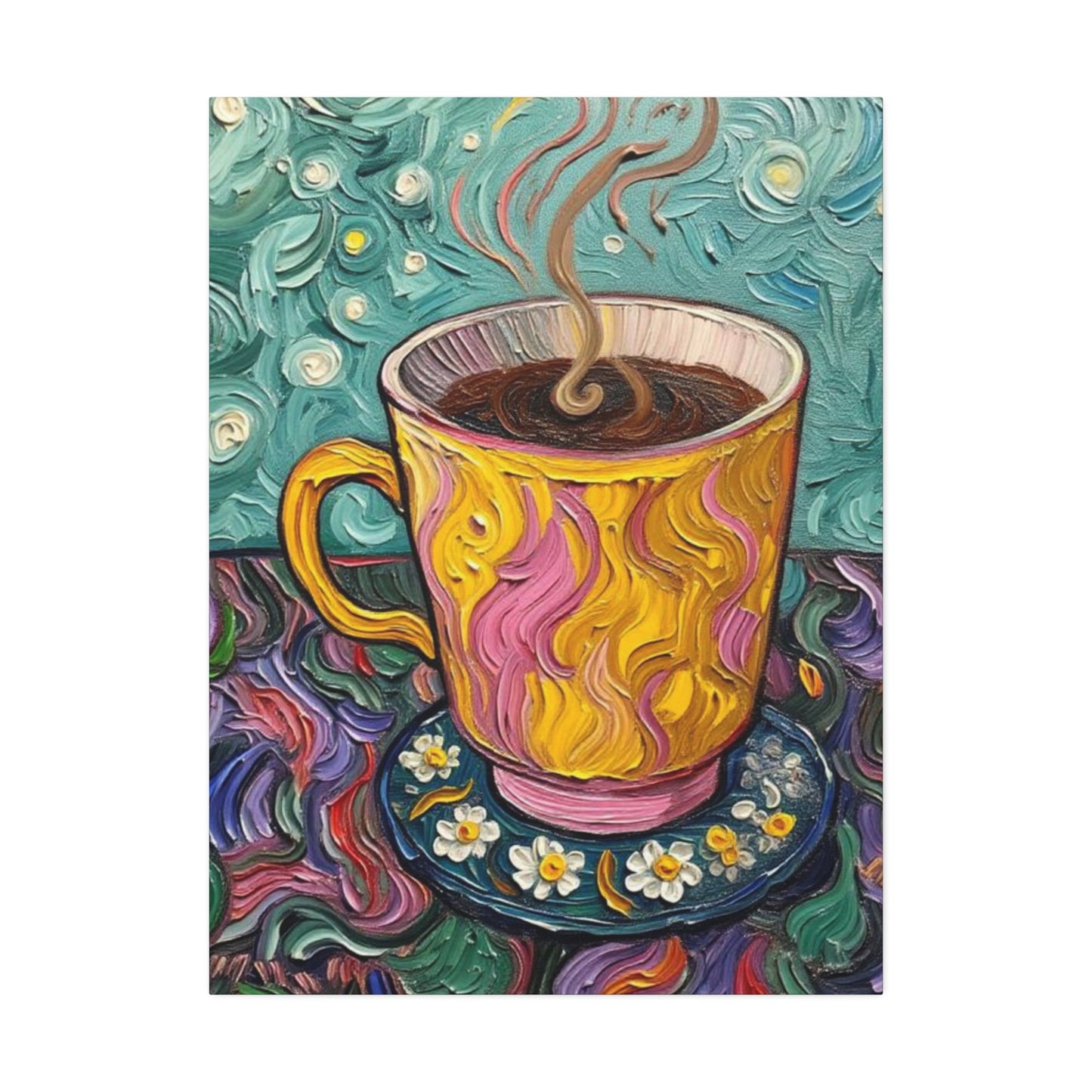 Coffee Cup Canvas Wall Art – Colorful Textured Painting of Steaming Mug