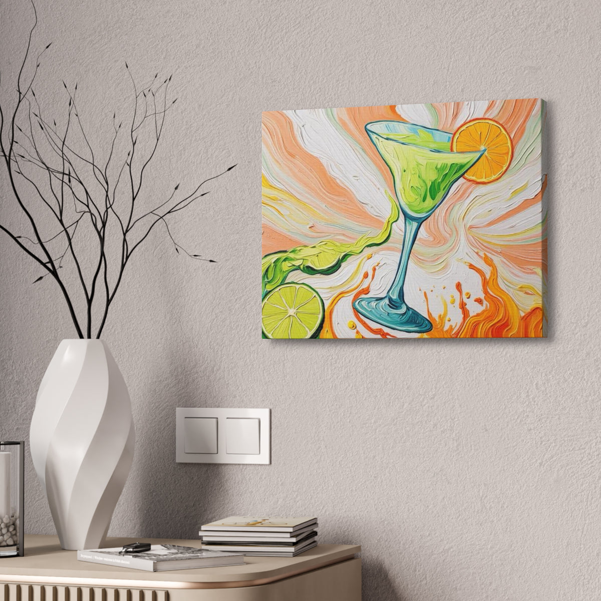 Canvas Wall Art - Orange and Green Refreshing Citrus Cocktail-Splashes of Color - Artistic Painterly Style - Impasto Design Print - 'Lime Light'