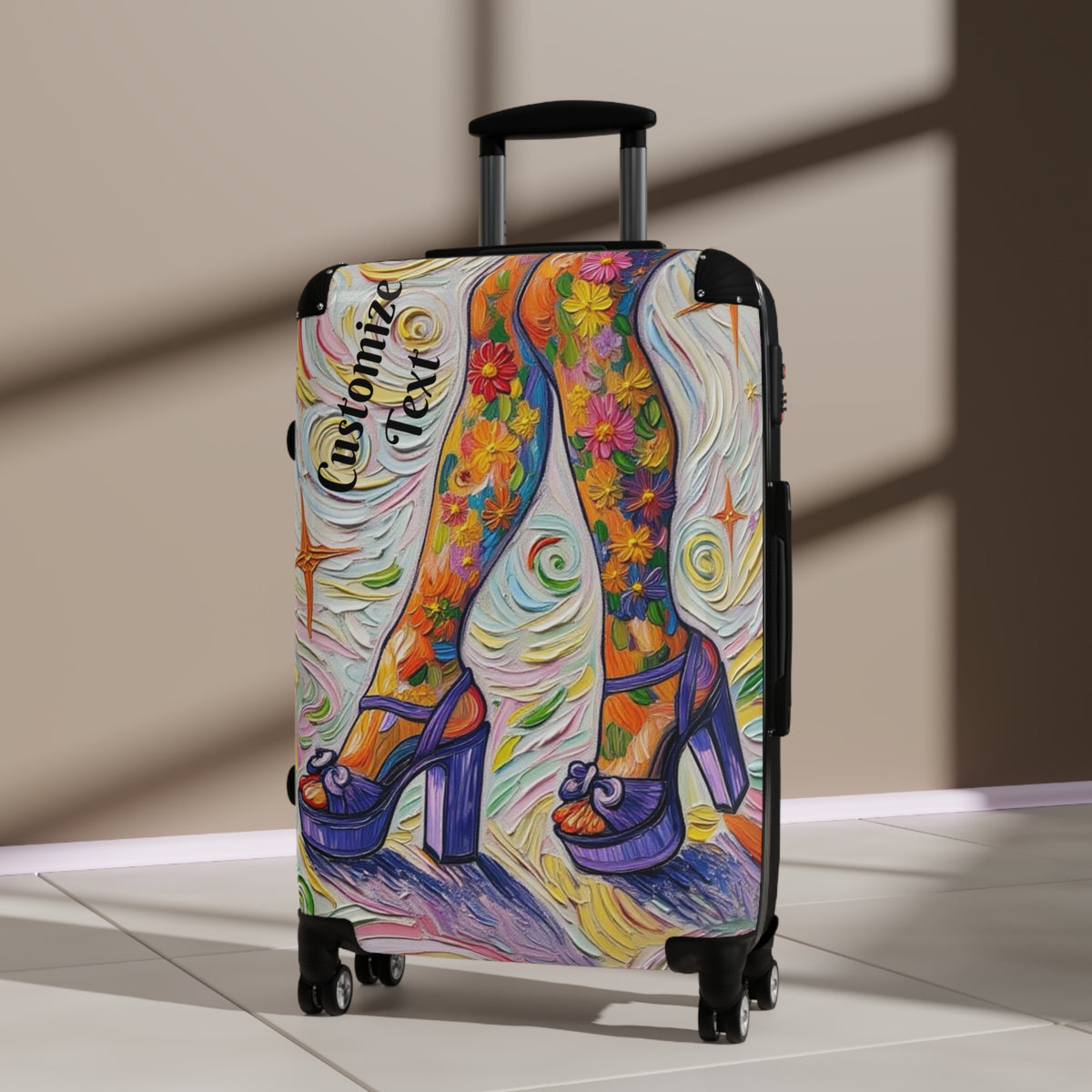 Luggage - Suitcases - Carry-on - Purple Platform Shoes Flowered Legs - Painterly Style Artistic Rolling Suitcase - 'Saturday Sparkle'