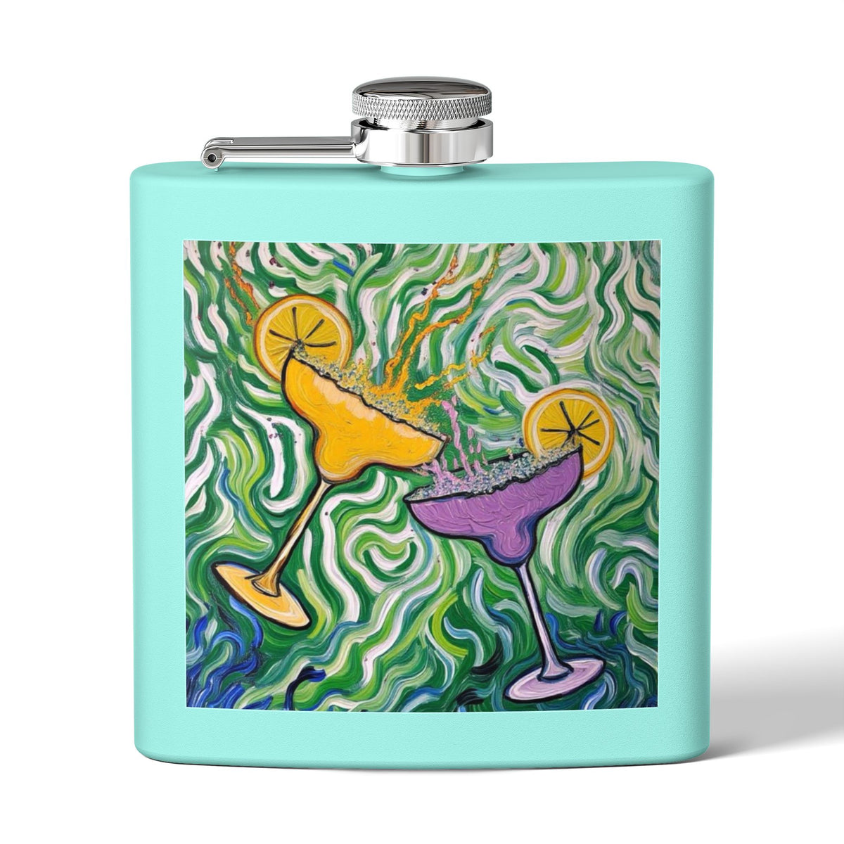 Flask - Stainless Steel 6oz - Colorful Cocktail Splash - Whimsical Artwork - 'Cheers to the Good Life'