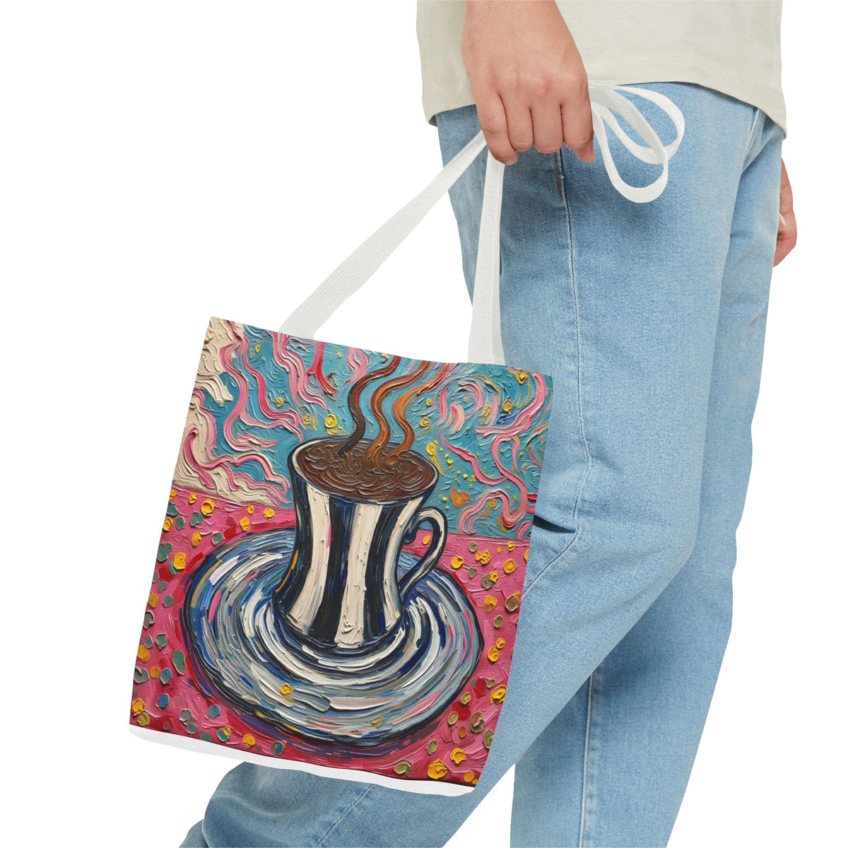 Tote Bag - Colorful Striped Coffee Cup - Painterly Style Design  - 'Mocha Dreams'