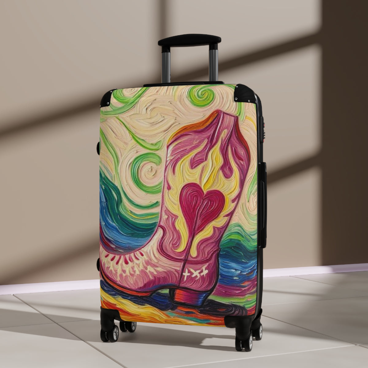 Luggage - Suitcases - Carry-on - Pink Heart Cowgirl Boot Painterly Style Artistic Rolling Suitcase - 'Kick'n up Dust'