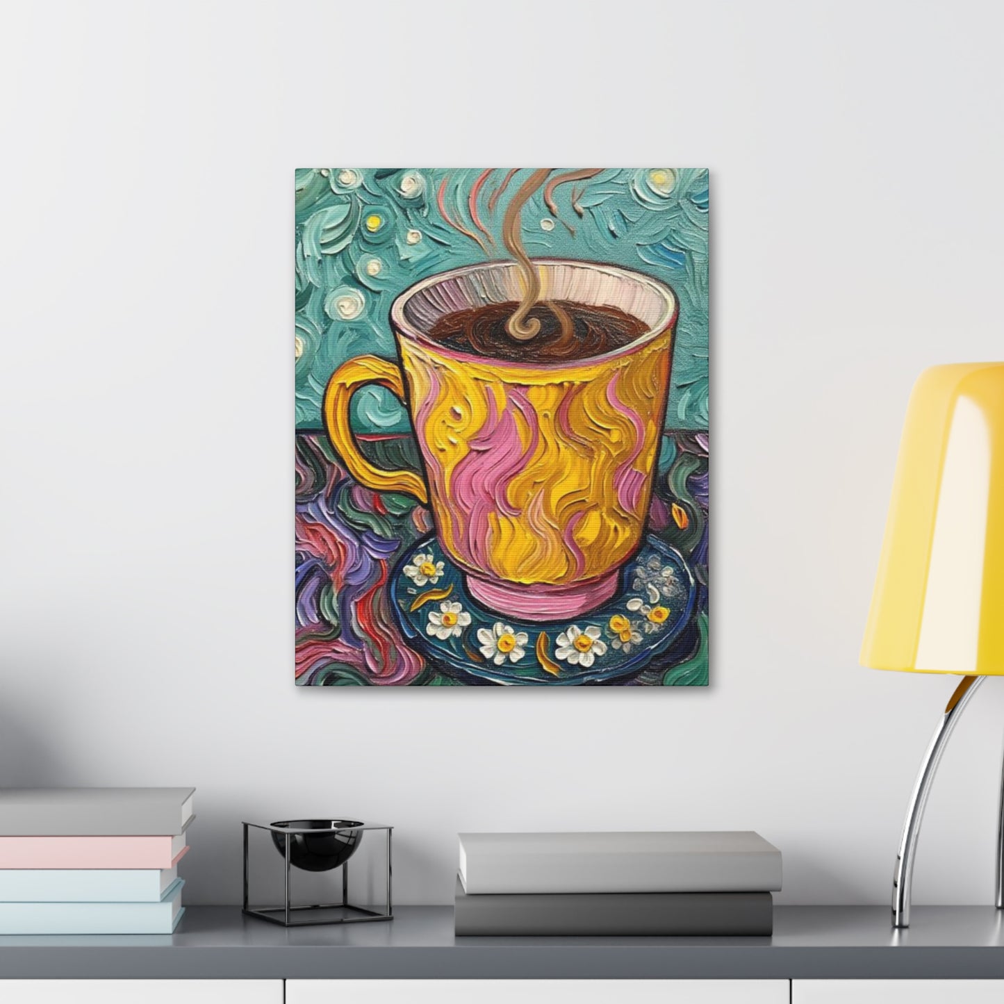 Coffee Cup Canvas Wall Art – Colorful Textured Painting of Steaming Mug