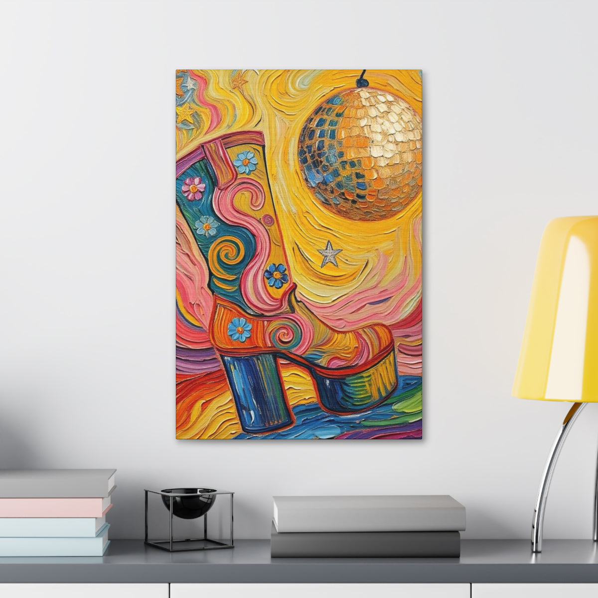 Canvas Wall Art - Colorful Retro Disco High Heel Platform Boot - Painterly Style Design - ' Boogie Nights'