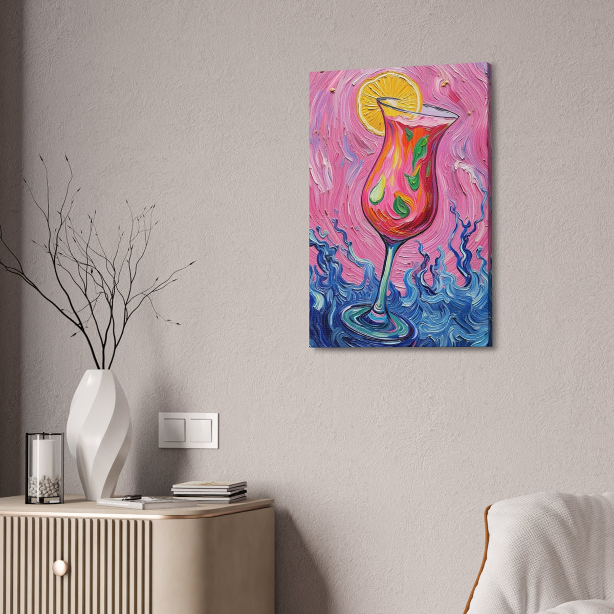 Canvas Wall Art - Vibrant Floating Pink Drink - Tropical Artistic Painterly Design - 'Ocean Splash'