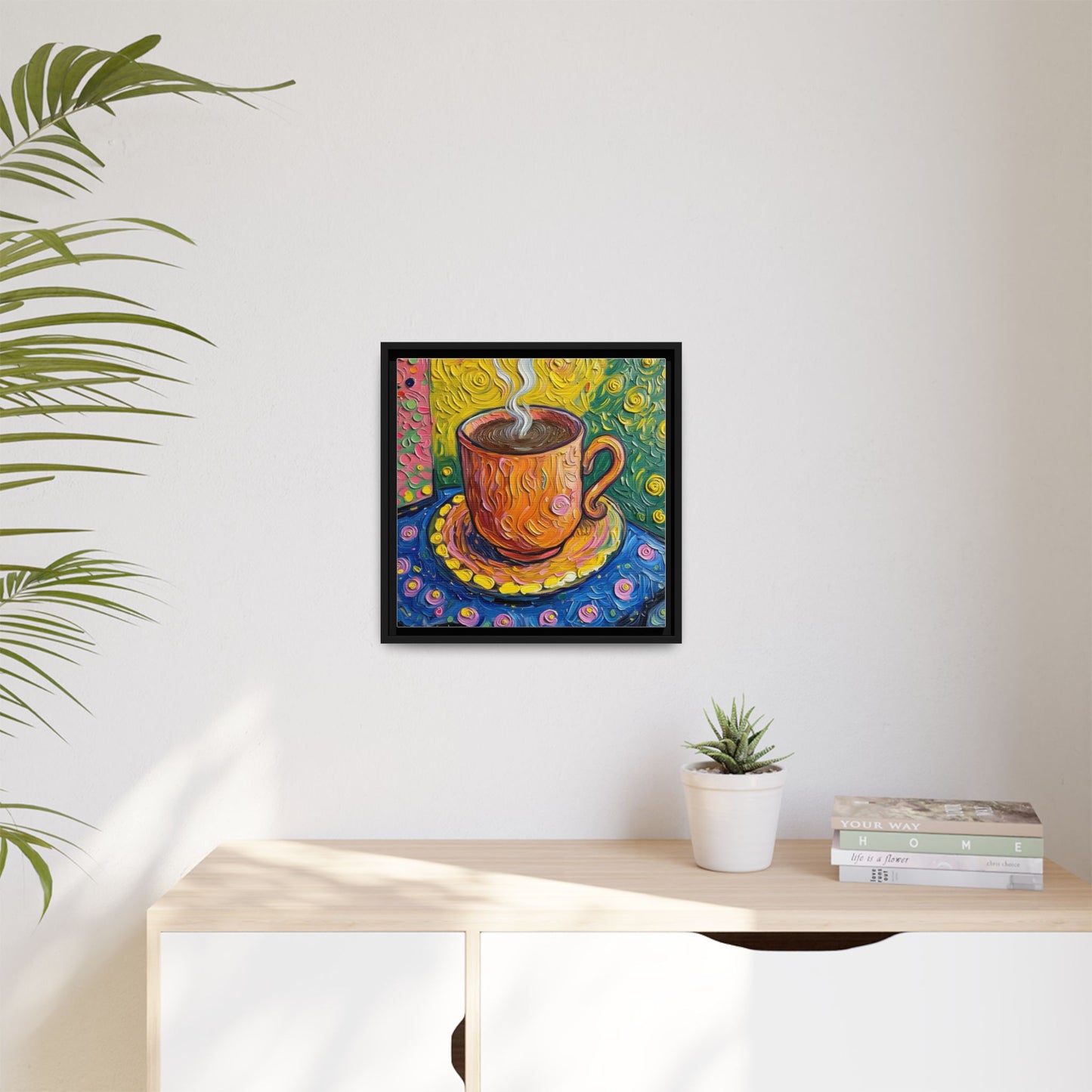Framed Matte Canvas Art - Colorful Whimsical Coffee Cup Painting