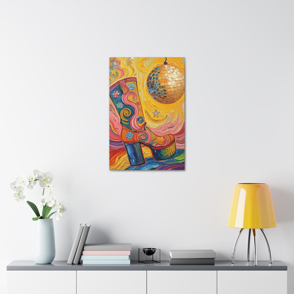Canvas Wall Art - Colorful Retro Disco High Heel Platform Boot - Painterly Style Design - ' Boogie Nights'