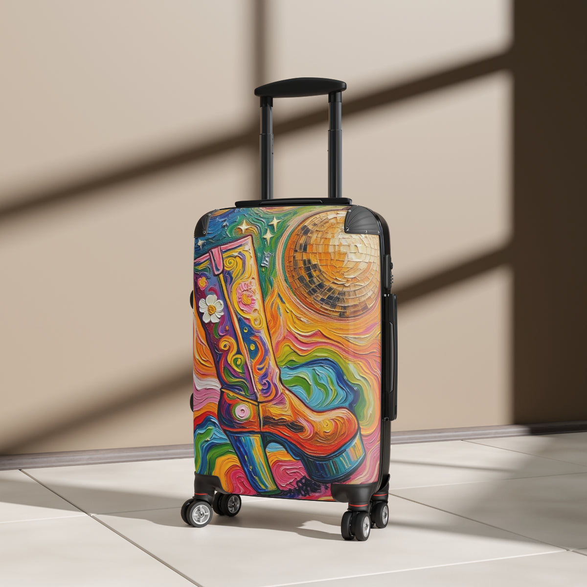 Luggage - Suitcases - Carry-on - Psychedelic Disco Platform Boot - Painterly Style Artistic Rolling Suitcase - 'Golden Groove''