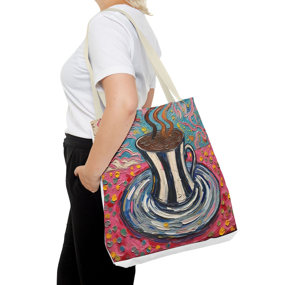 Tote Bag - Colorful Striped Coffee Cup - Painterly Style Design  - 'Mocha Dreams'