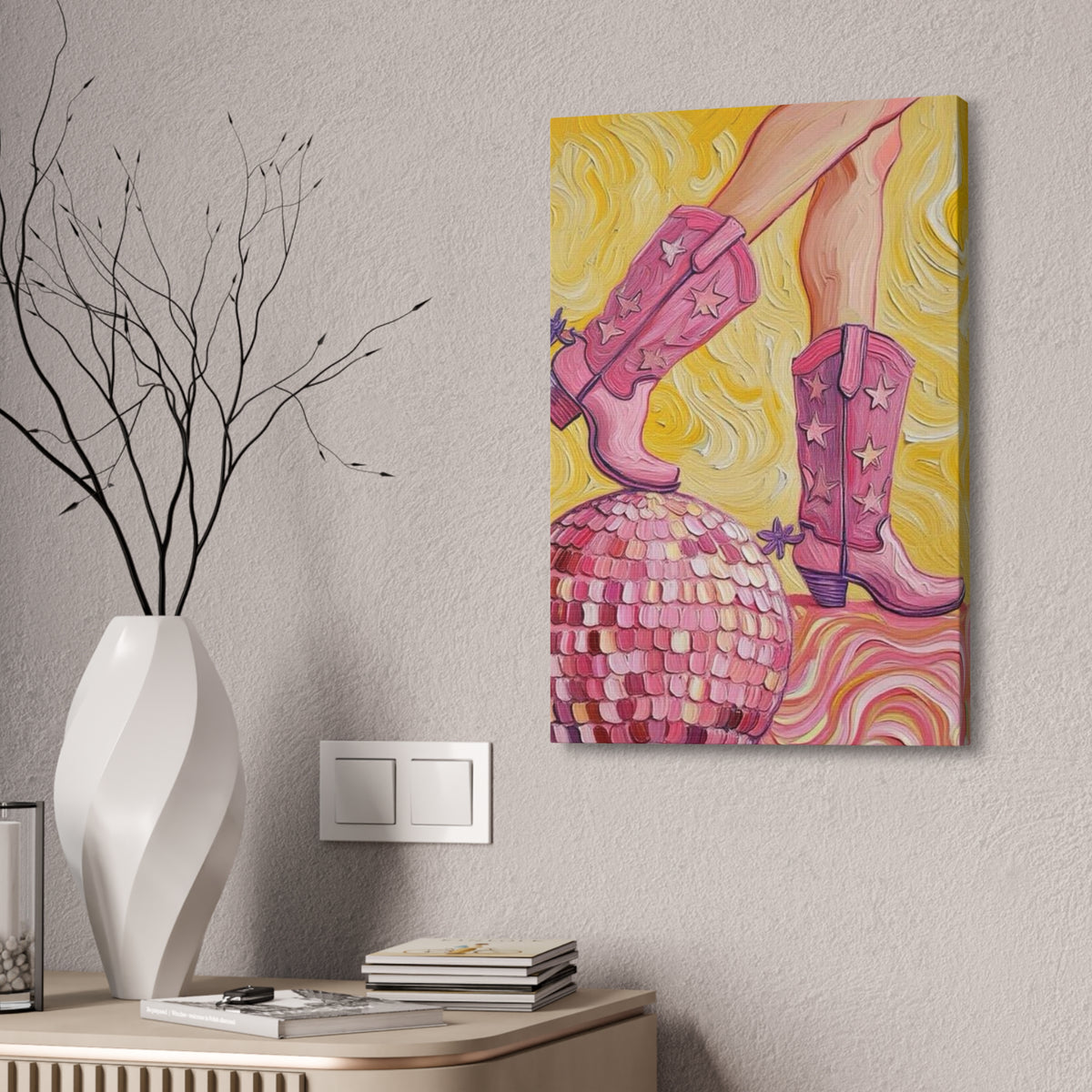 Canvas Wall Art - Pink Cowboy Boots - Disco Ball - Artistic Painterly Style - Impasto Design Print - 'Disco Cowgirl'