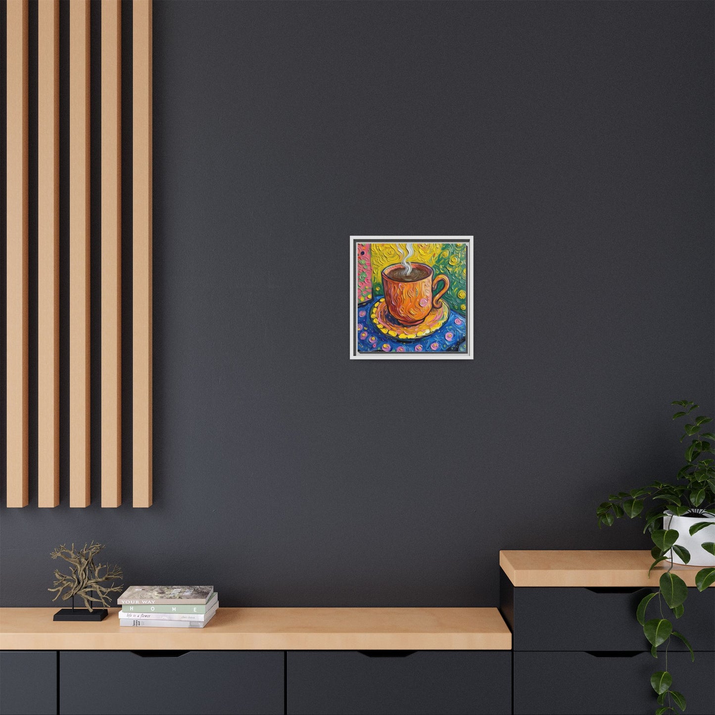 Framed Matte Canvas Art - Colorful Whimsical Coffee Cup Painting
