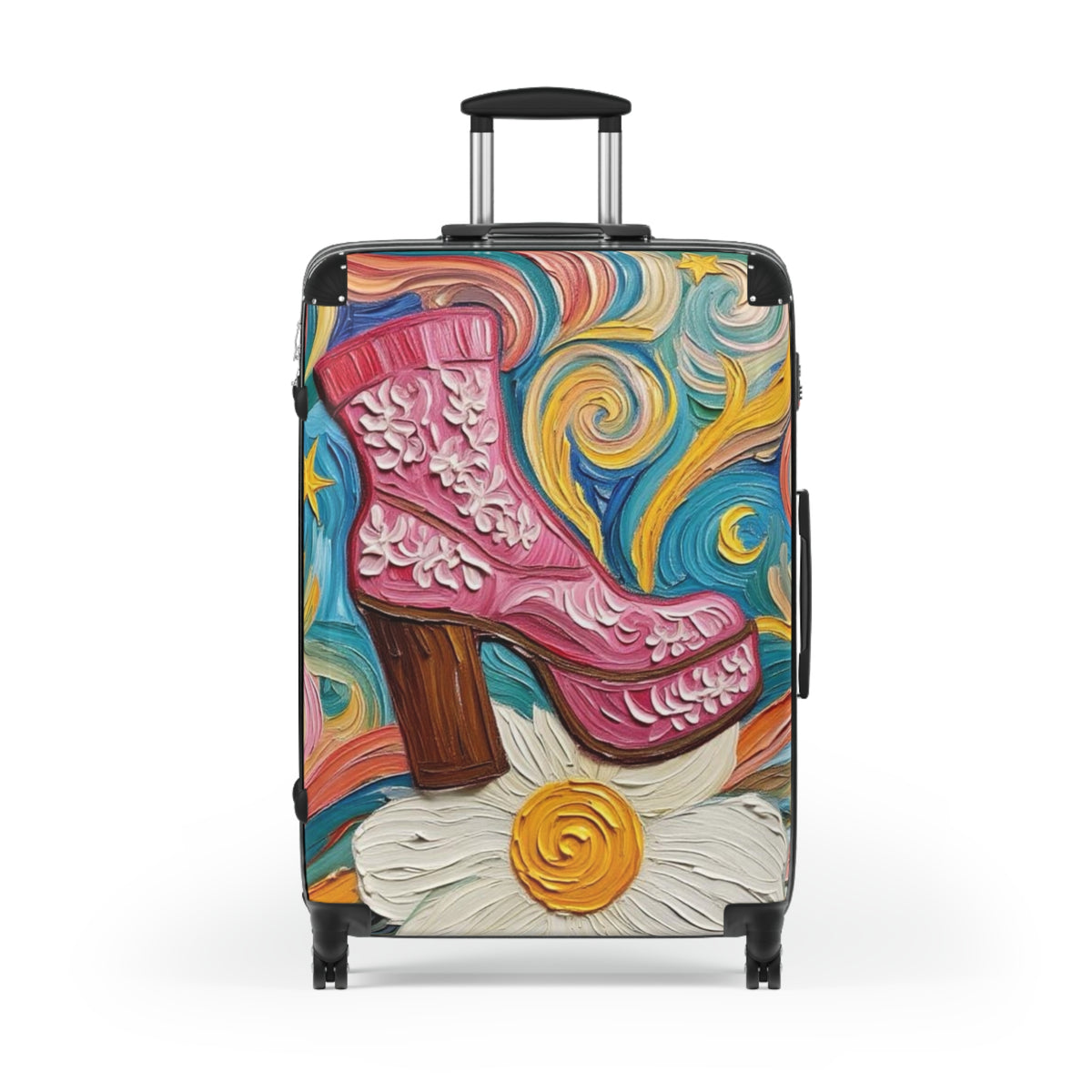 Luggage - Suitcases - Carry-on - Pink Platform Boot - Artistic Rolling Suitcase Painterly Style Artistic Rolling Suitcase - 'Dancin' on a Daisy