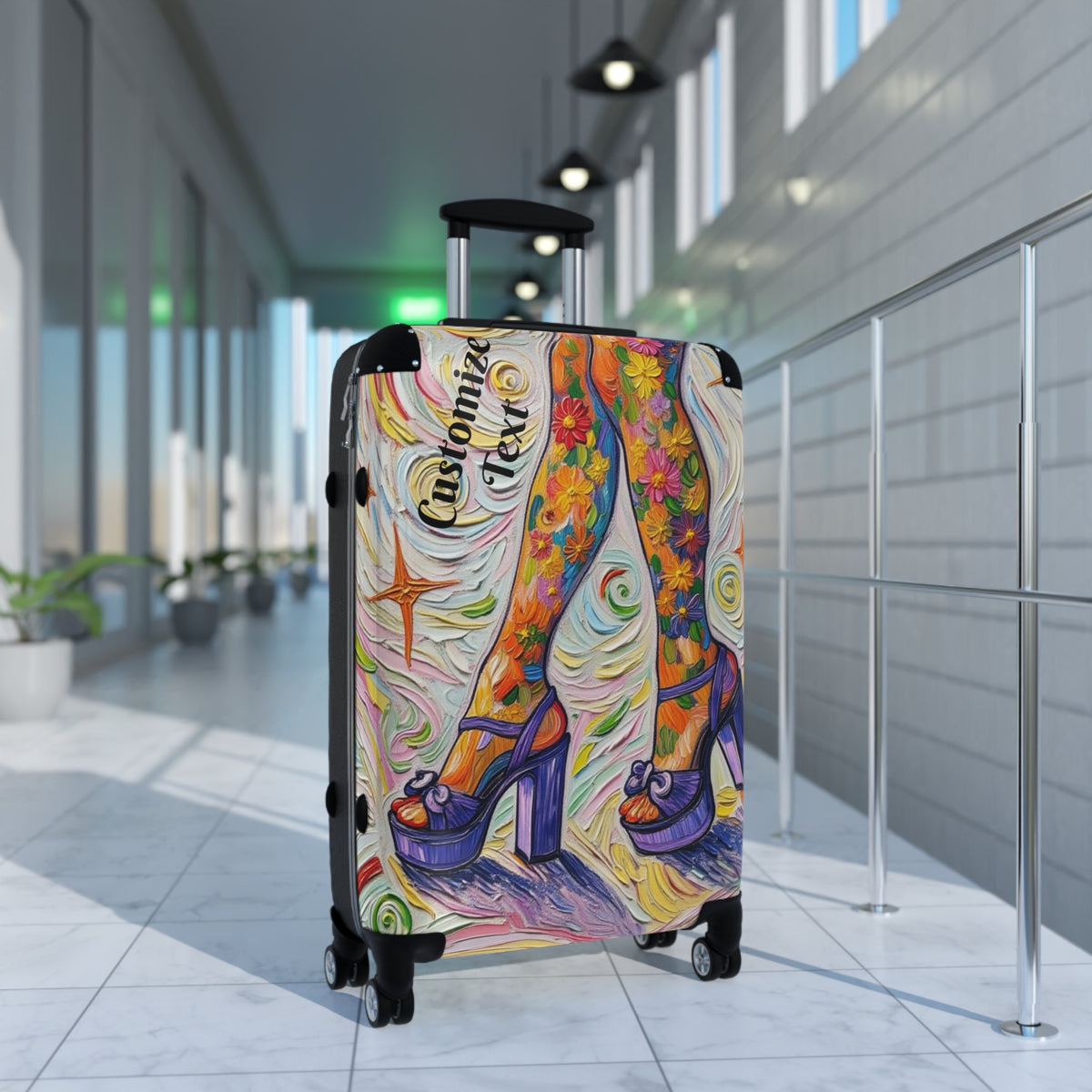 Luggage - Suitcases - Carry-on - Purple Platform Shoes Flowered Legs - Painterly Style Artistic Rolling Suitcase - 'Saturday Sparkle'