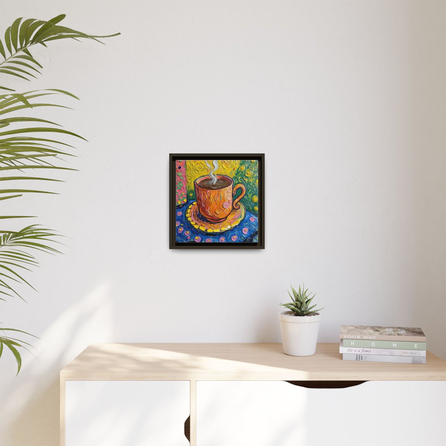 Framed Matte Canvas Art - Colorful Whimsical Coffee Cup Painting