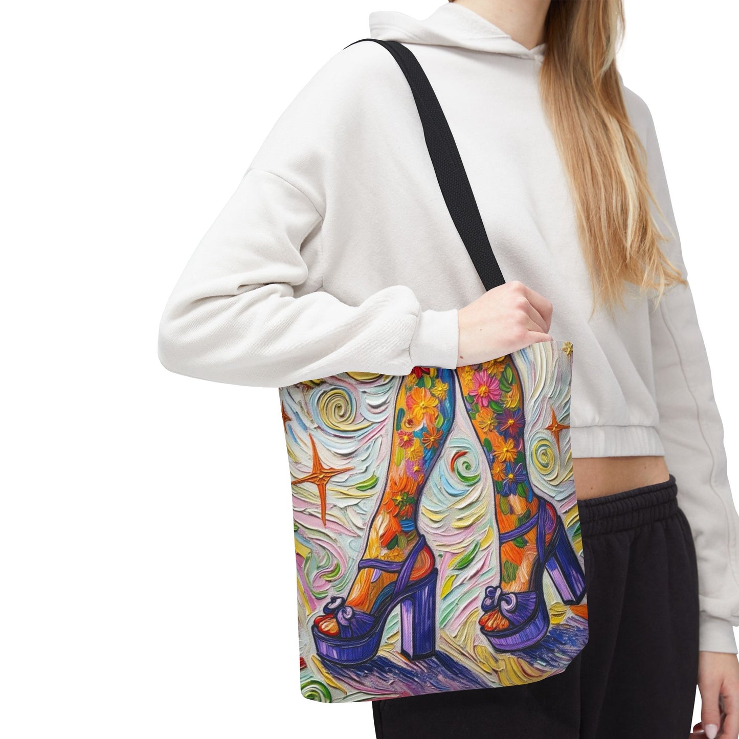 Tote Bag - All-Over Print - Flowered Legs with Purple Platform Shoes - Colorful Artistic Painterly Style - 'Saturday Sparkle'