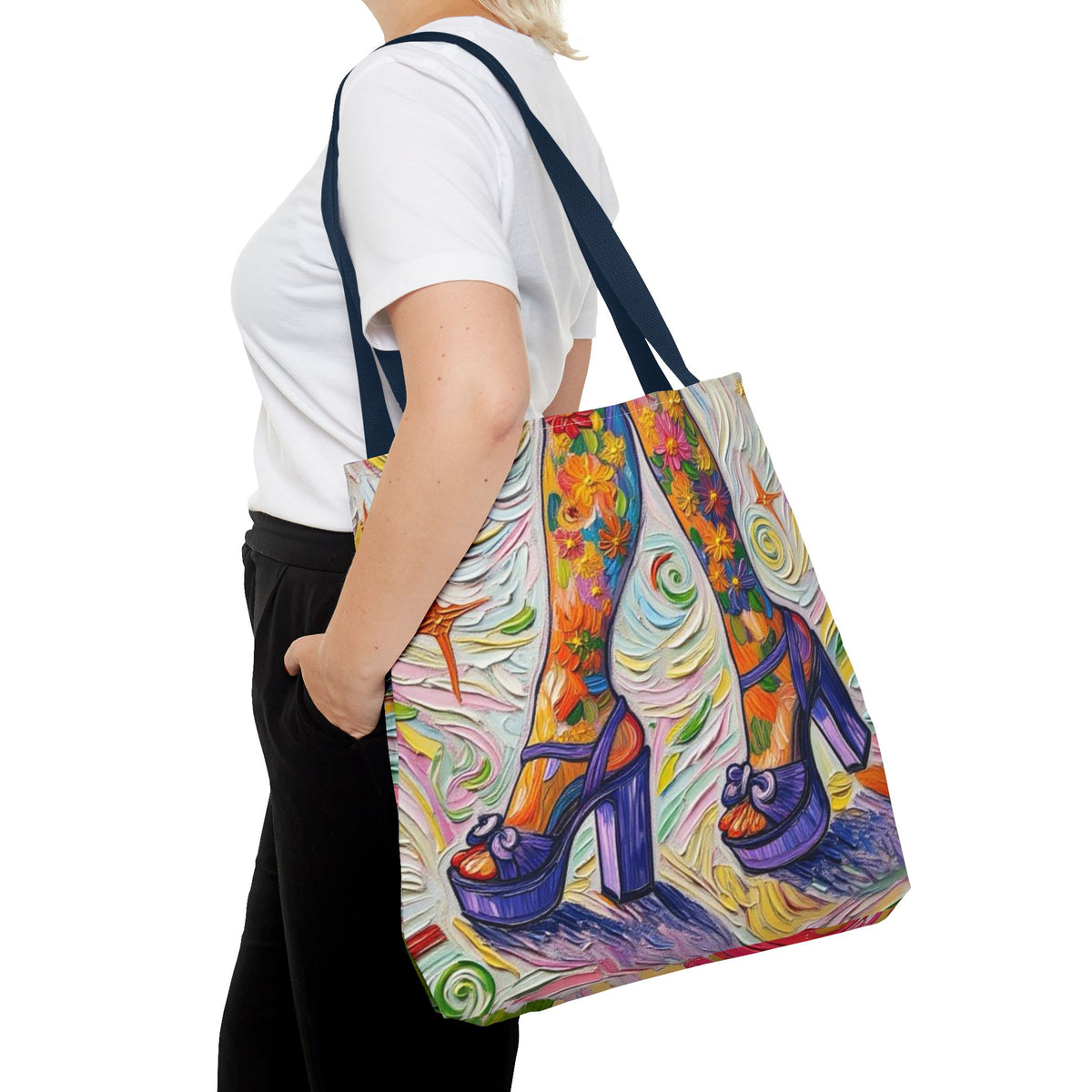 Tote Bag - All-Over Print - Flowered Legs with Purple Platform Shoes - Colorful Artistic Painterly Style - 'Saturday Sparkle'
