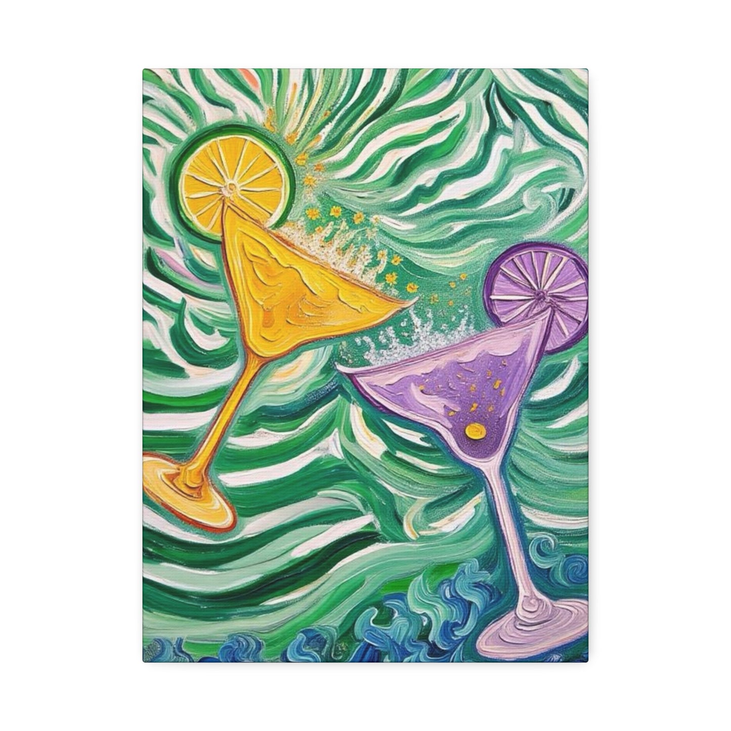 Canvas Wall Art - Yellow and Purple floating Cocktails - Artistic Painterly Style - Impasto Design Print - 'Green Rush'