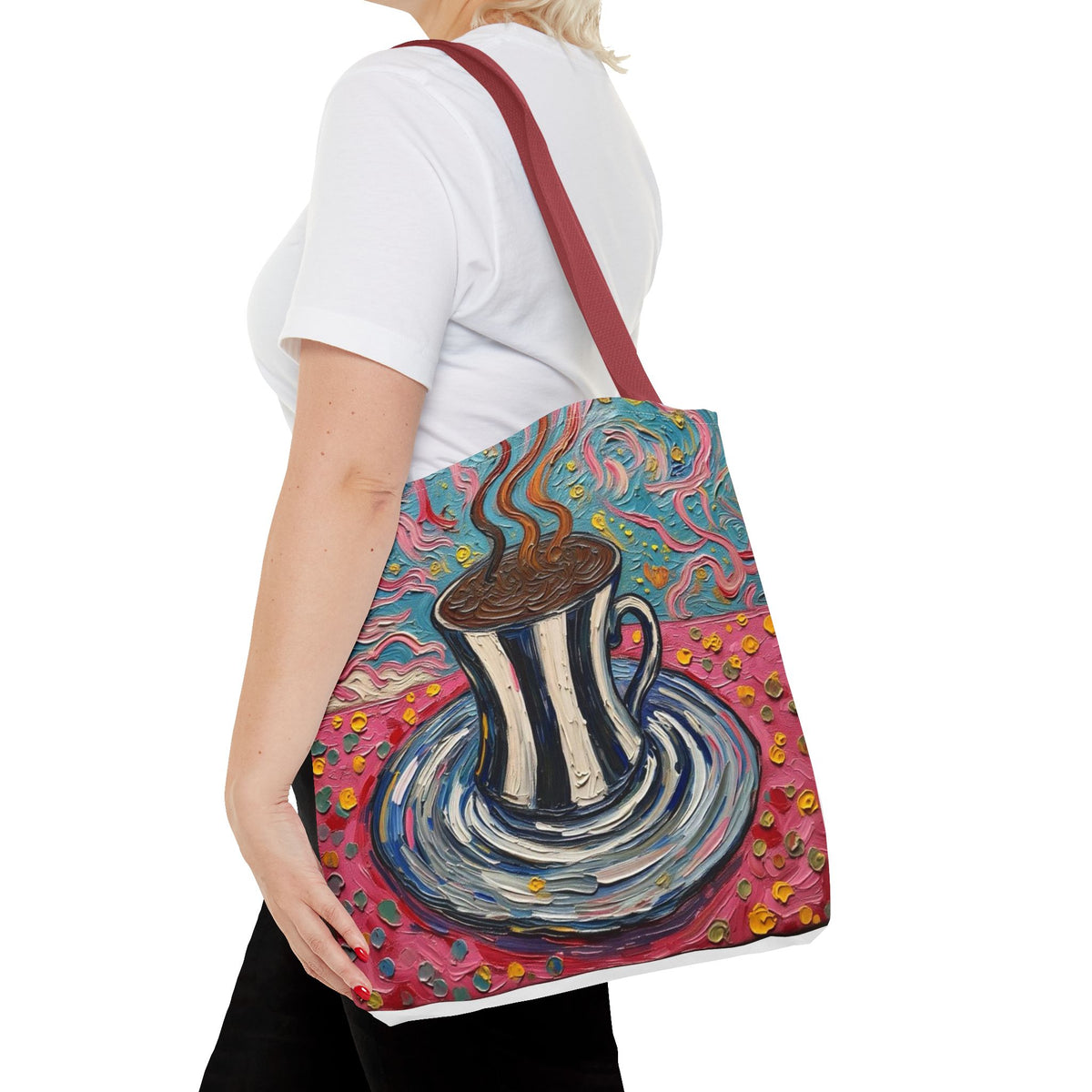 Tote Bag - Colorful Striped Coffee Cup - Painterly Style Design  - 'Mocha Dreams'