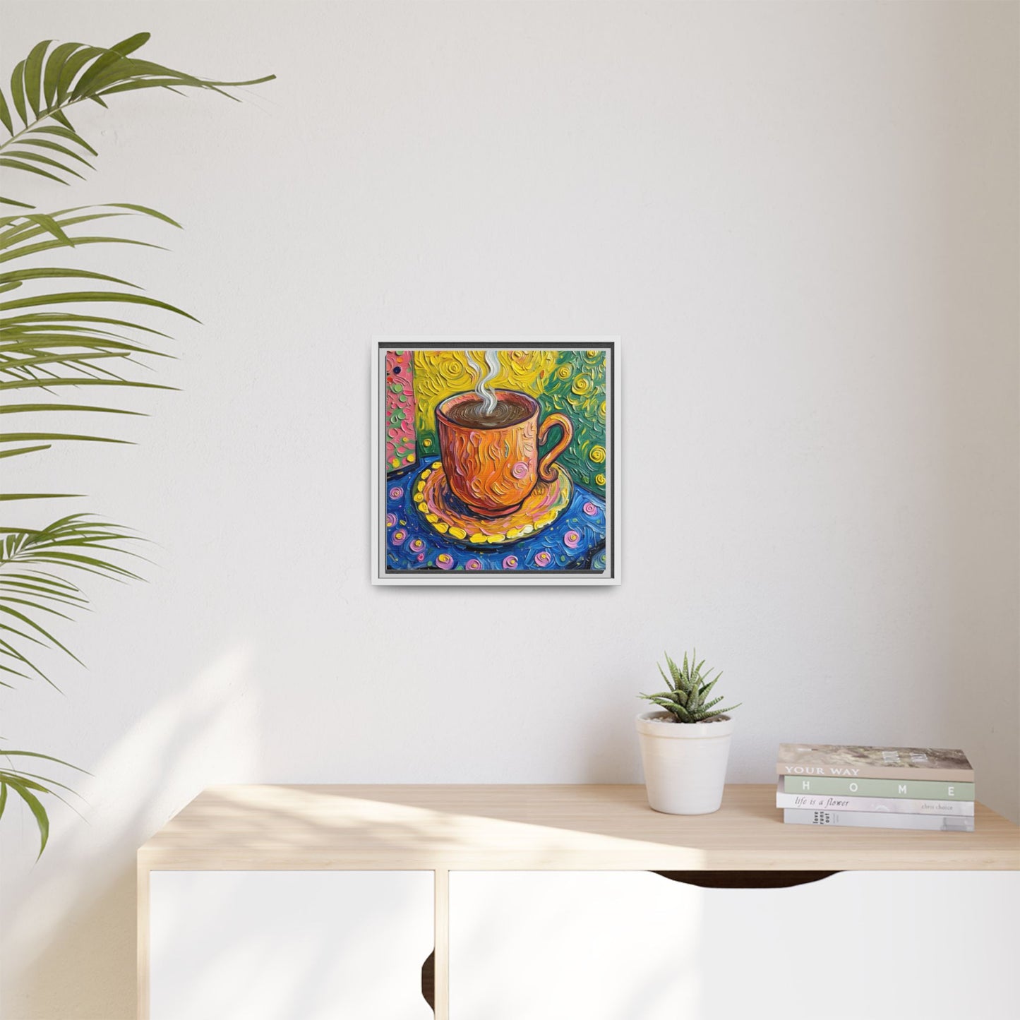 Framed Matte Canvas Art - Colorful Whimsical Coffee Cup Painting