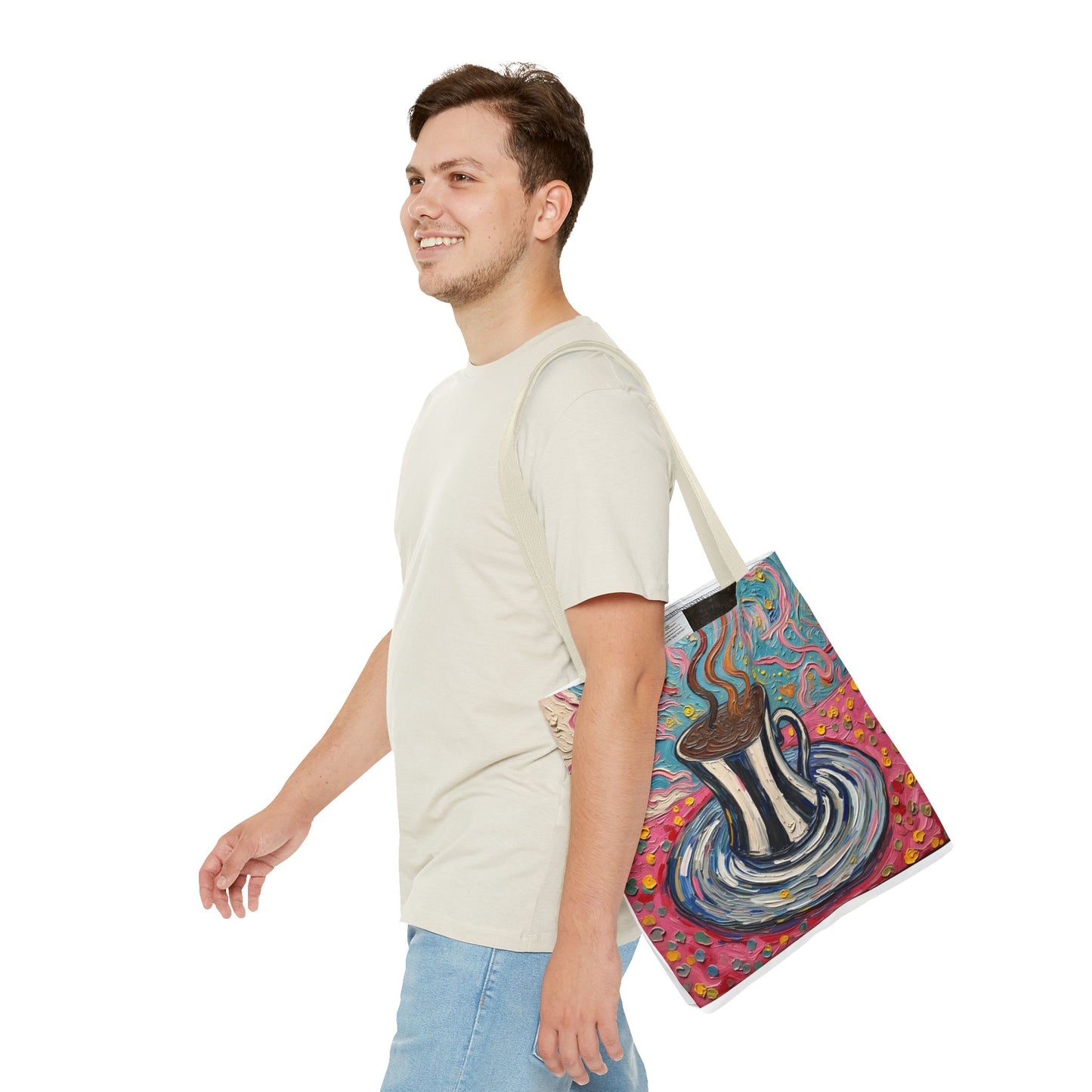 Tote Bag - Colorful Striped Coffee Cup - Painterly Style Design  - 'Mocha Dreams'