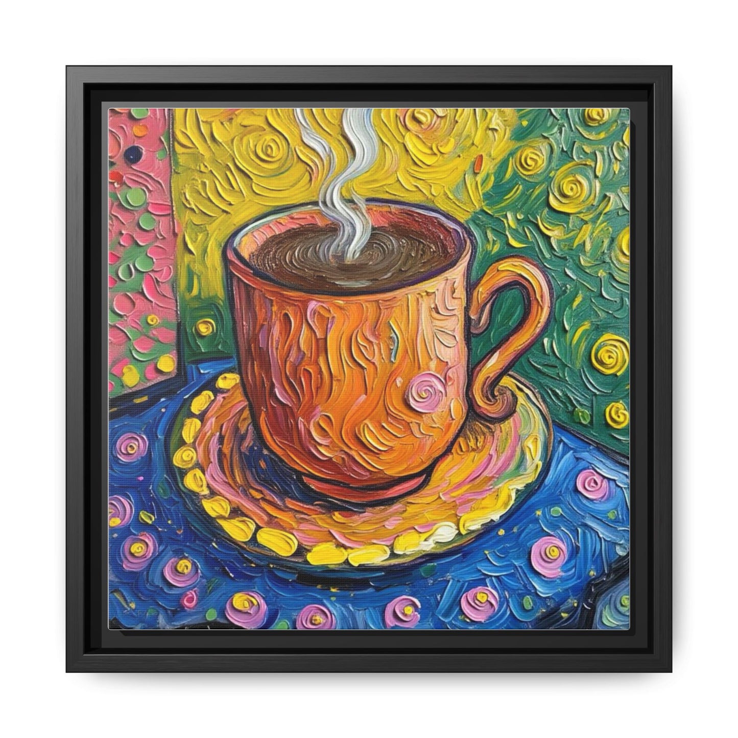 Framed Matte Canvas Art - Colorful Whimsical Coffee Cup Painting