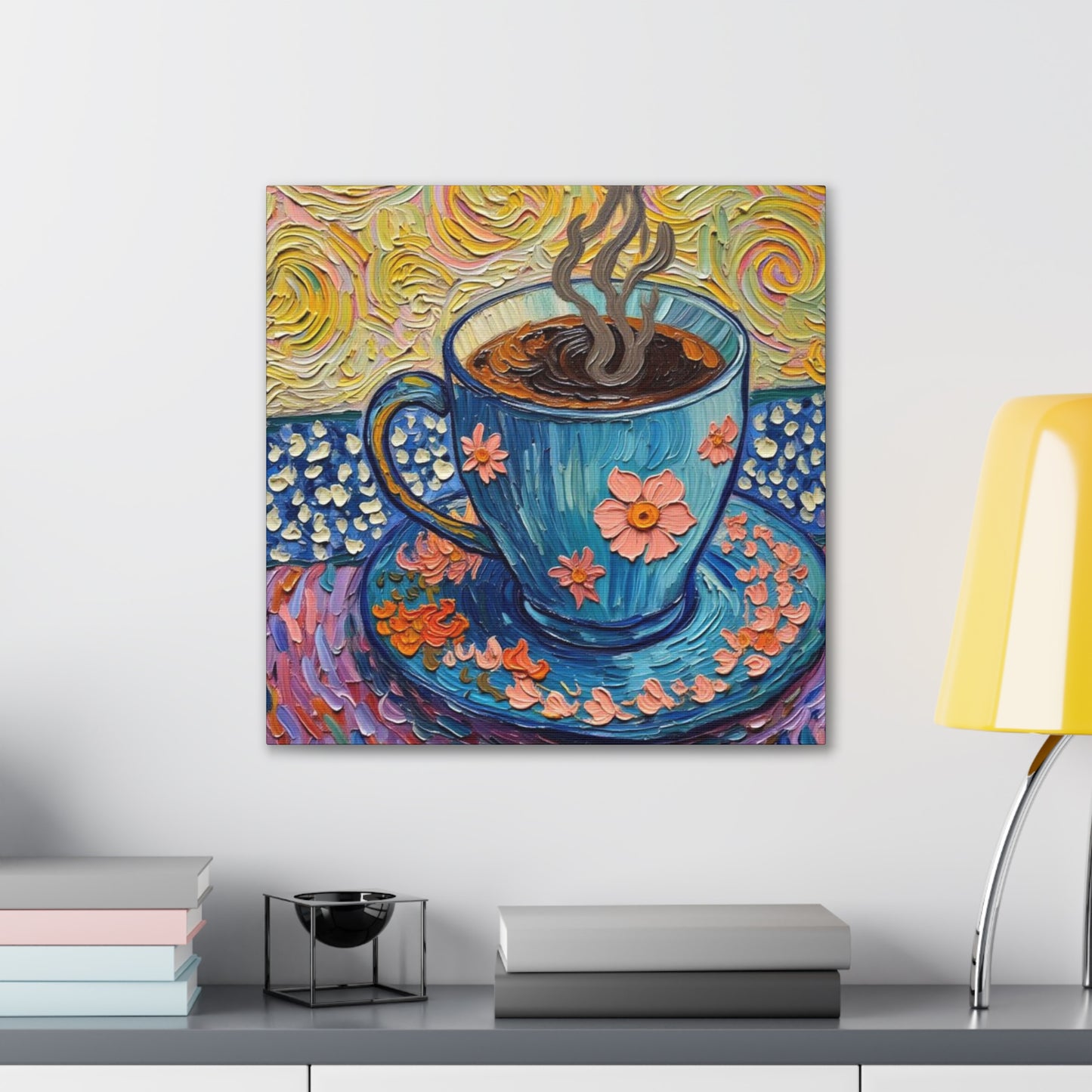 Floral Blue Teacup Canvas Wall Art — Vibrant Coffee Painting