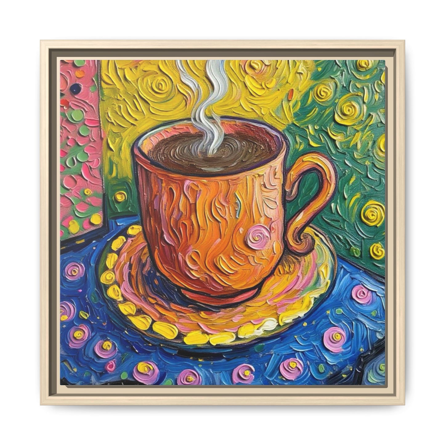 Framed Matte Canvas Art - Colorful Whimsical Coffee Cup Painting