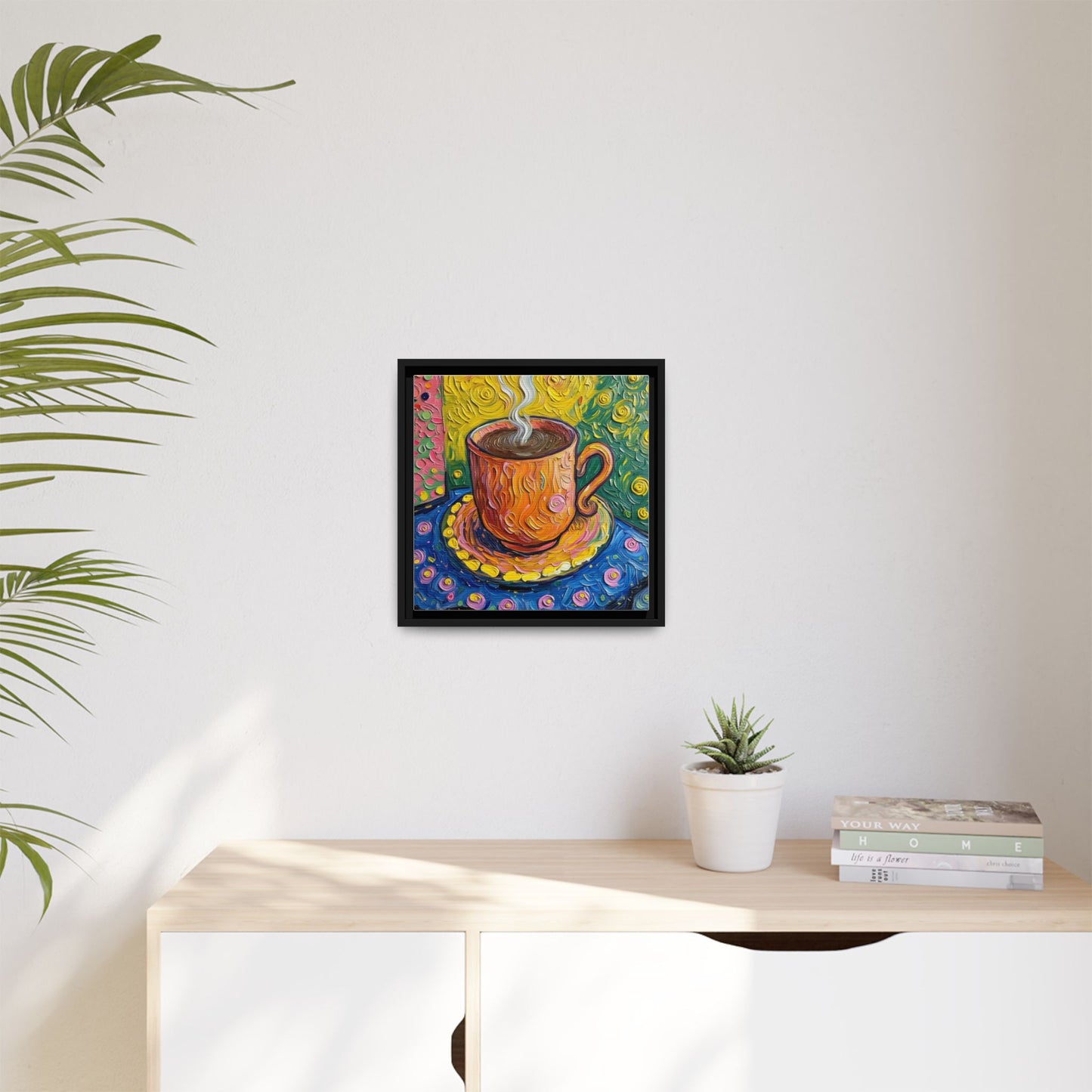 Framed Matte Canvas Art - Colorful Whimsical Coffee Cup Painting