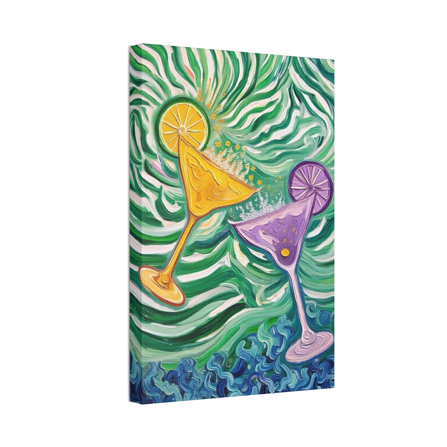 Canvas Wall Art - Yellow and Purple floating Cocktails - Artistic Painterly Style - Impasto Design Print - 'Green Rush'