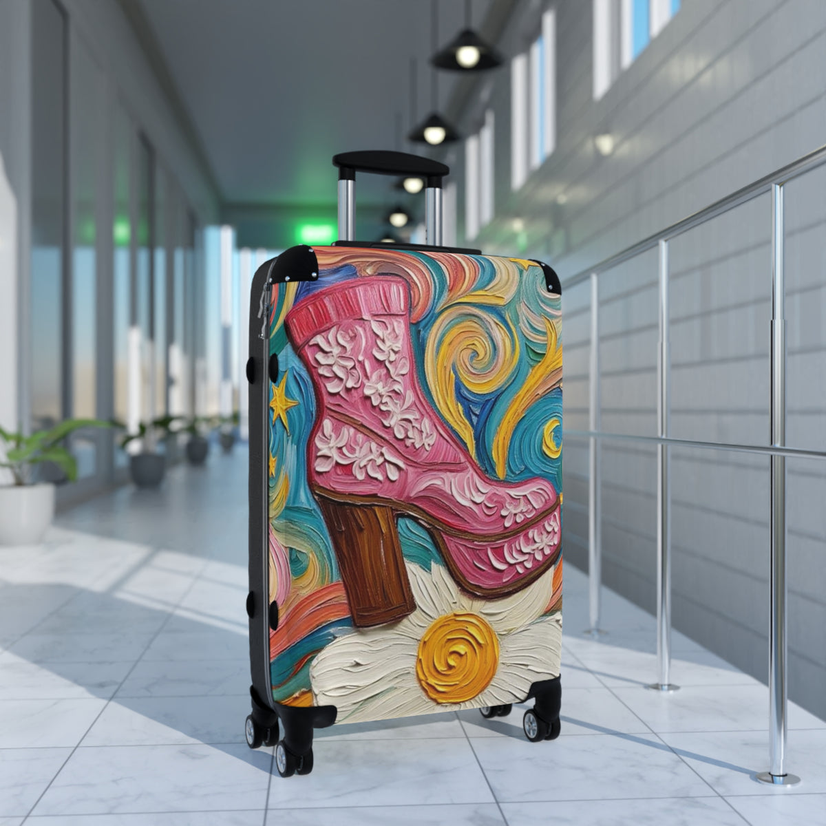 Luggage - Suitcases - Carry-on - Pink Platform Boot - Artistic Rolling Suitcase Painterly Style Artistic Rolling Suitcase - 'Dancin' on a Daisy