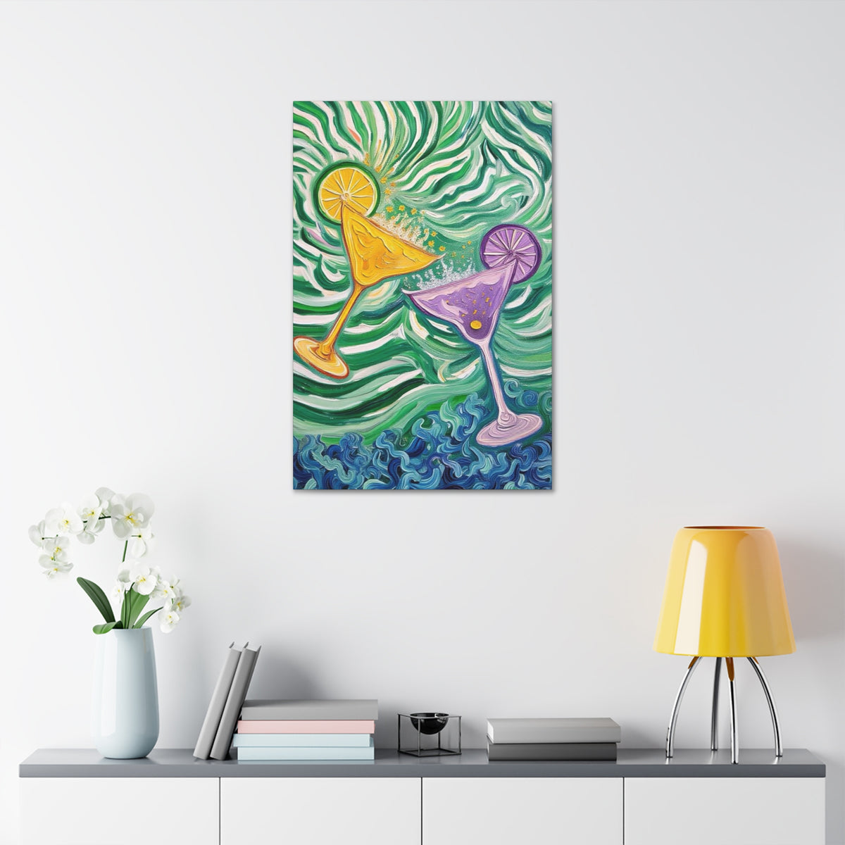 Canvas Wall Art - Yellow and Purple floating Cocktails - Artistic Painterly Style - Impasto Design Print - 'Green Rush'