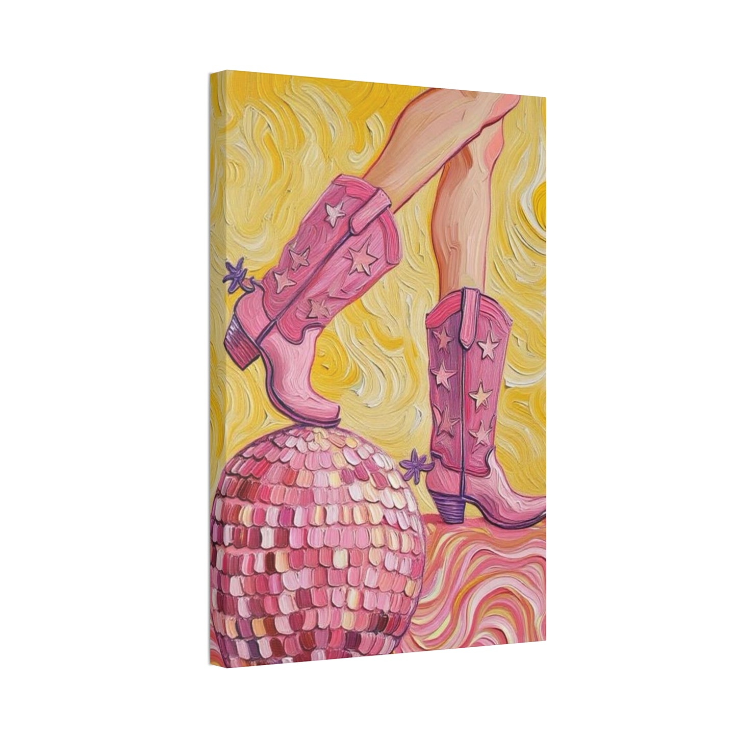 Canvas Wall Art - Pink Cowboy Boots - Disco Ball - Artistic Painterly Style - Impasto Design Print - 'Disco Cowgirl'