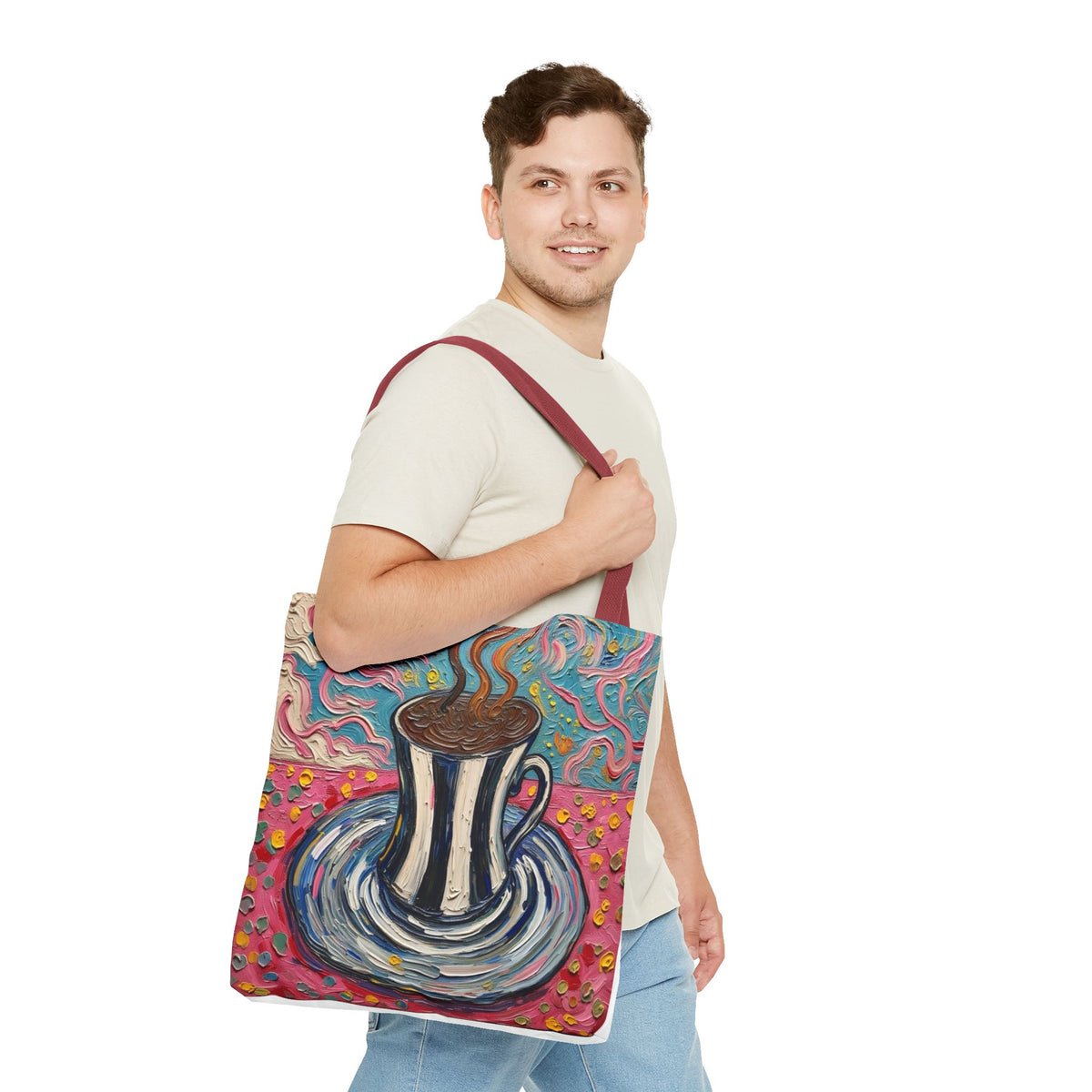 Tote Bag - Colorful Striped Coffee Cup - Painterly Style Design  - 'Mocha Dreams'
