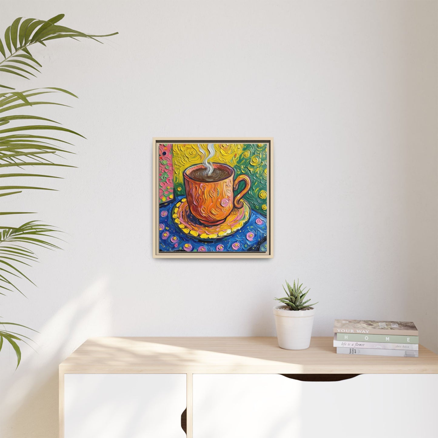 Framed Matte Canvas Art - Colorful Whimsical Coffee Cup Painting