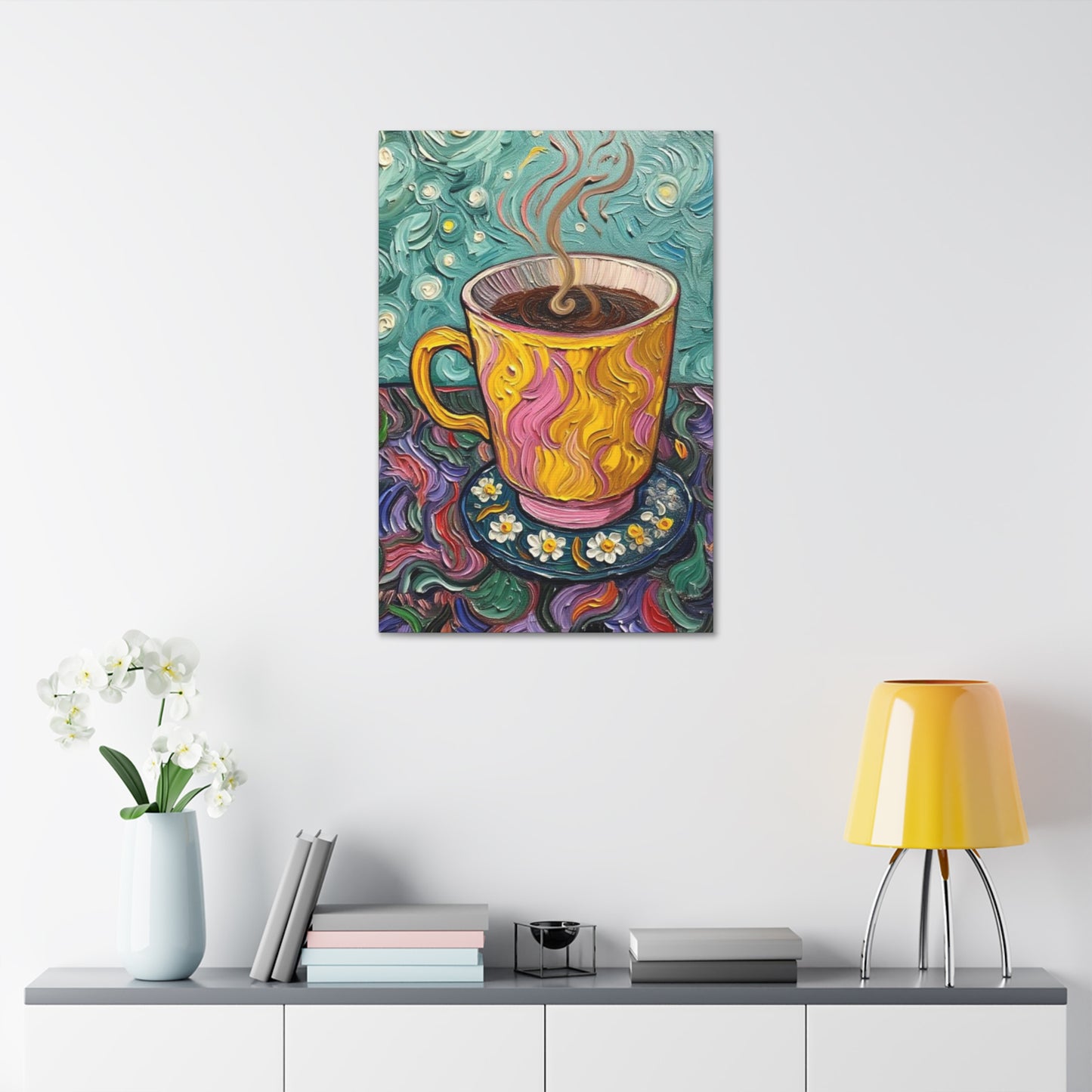 Coffee Cup Canvas Wall Art – Colorful Textured Painting of Steaming Mug