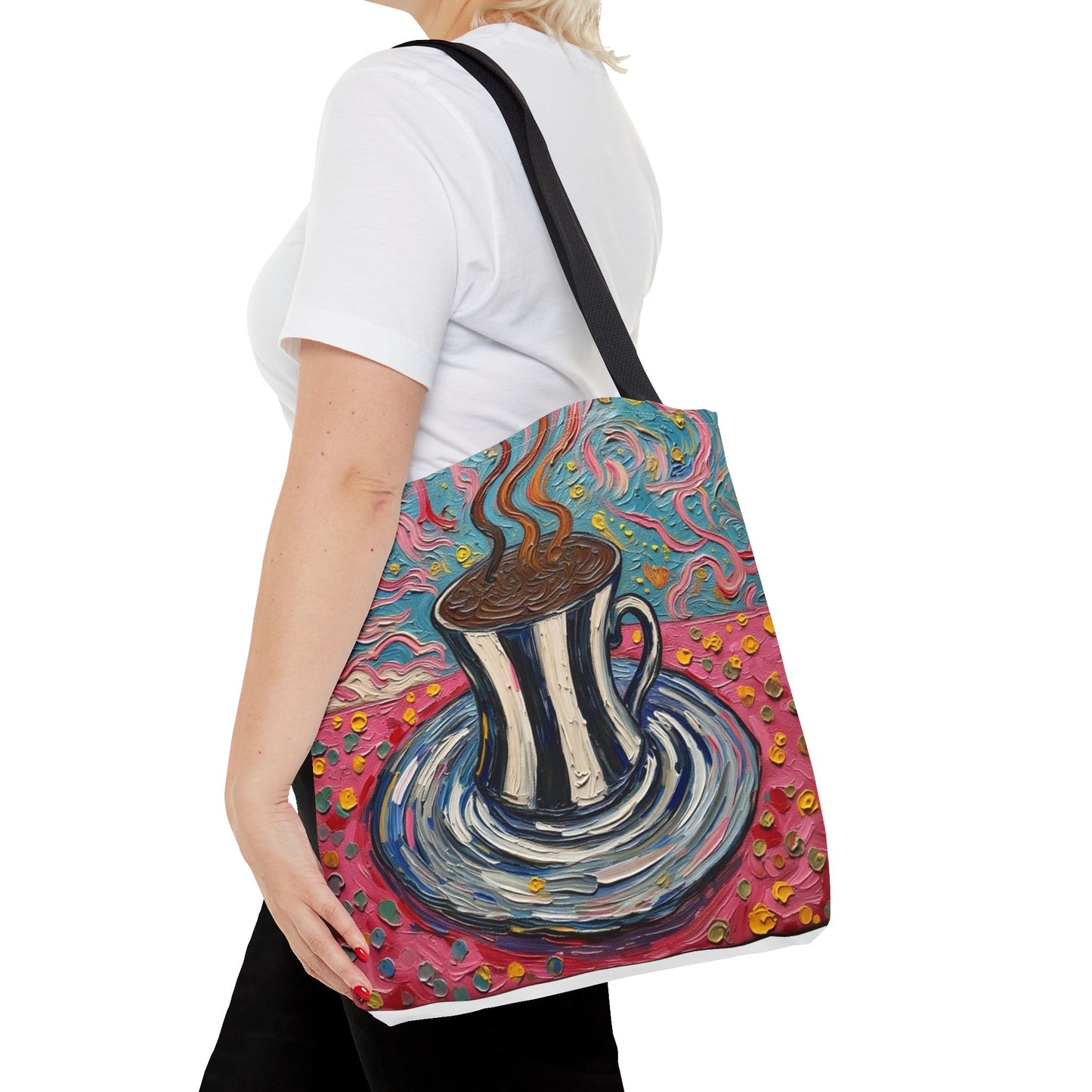 Tote Bag - Colorful Striped Coffee Cup - Painterly Style Design  - 'Mocha Dreams'