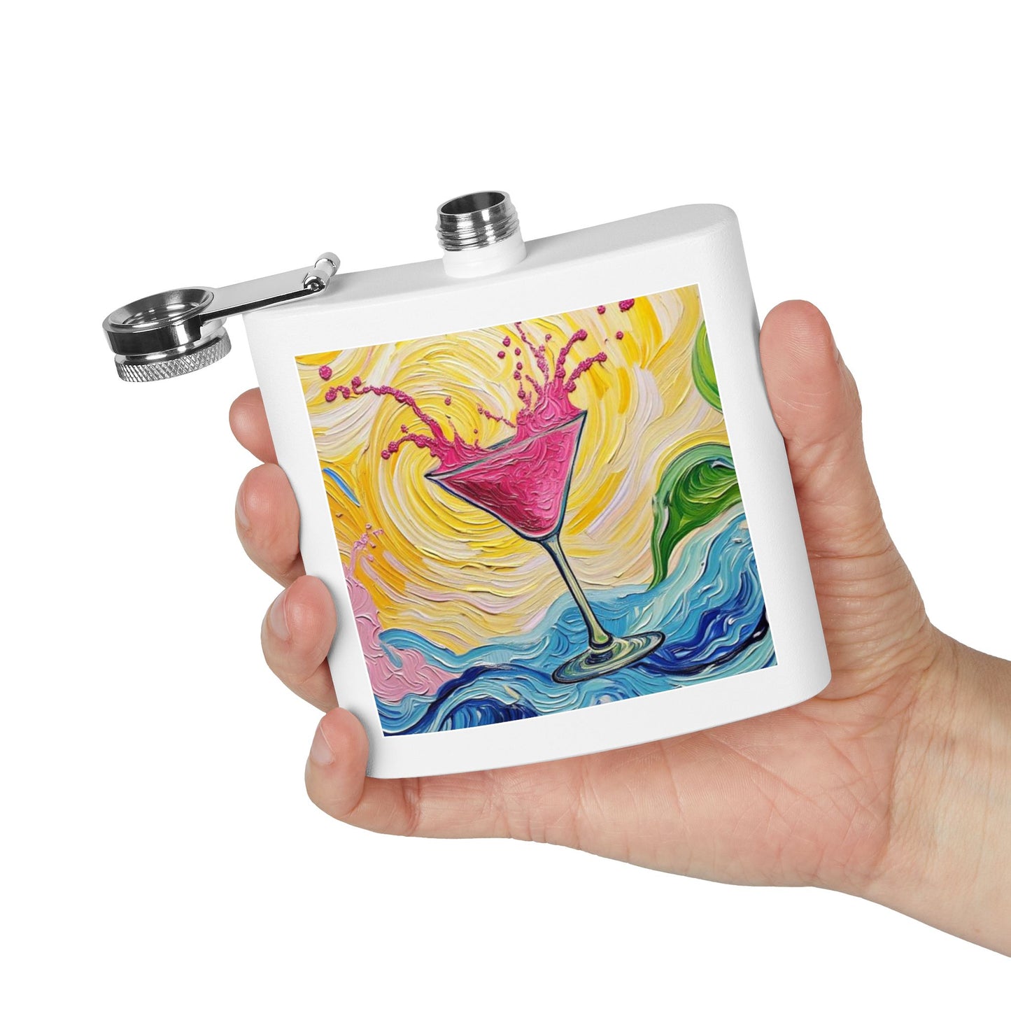 Flask - Stainless Steel 6oz  - Colorful Hot Pink Martini Splash Whimsical Artwork - 'Sway & Sip'