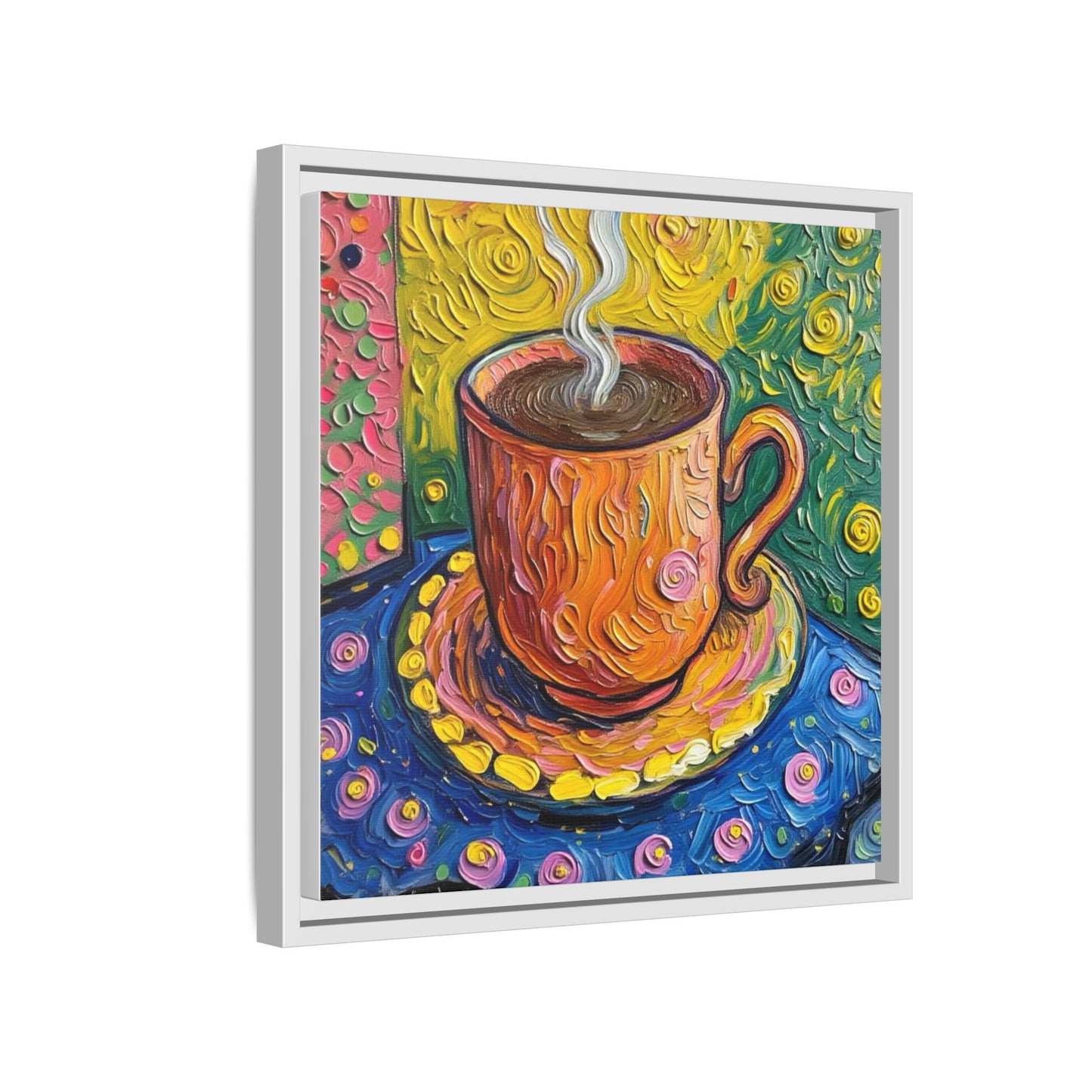 Framed Matte Canvas Art - Colorful Whimsical Coffee Cup Painting