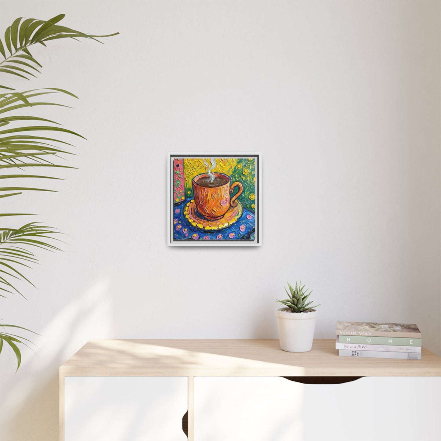 Framed Matte Canvas Art - Colorful Whimsical Coffee Cup Painting